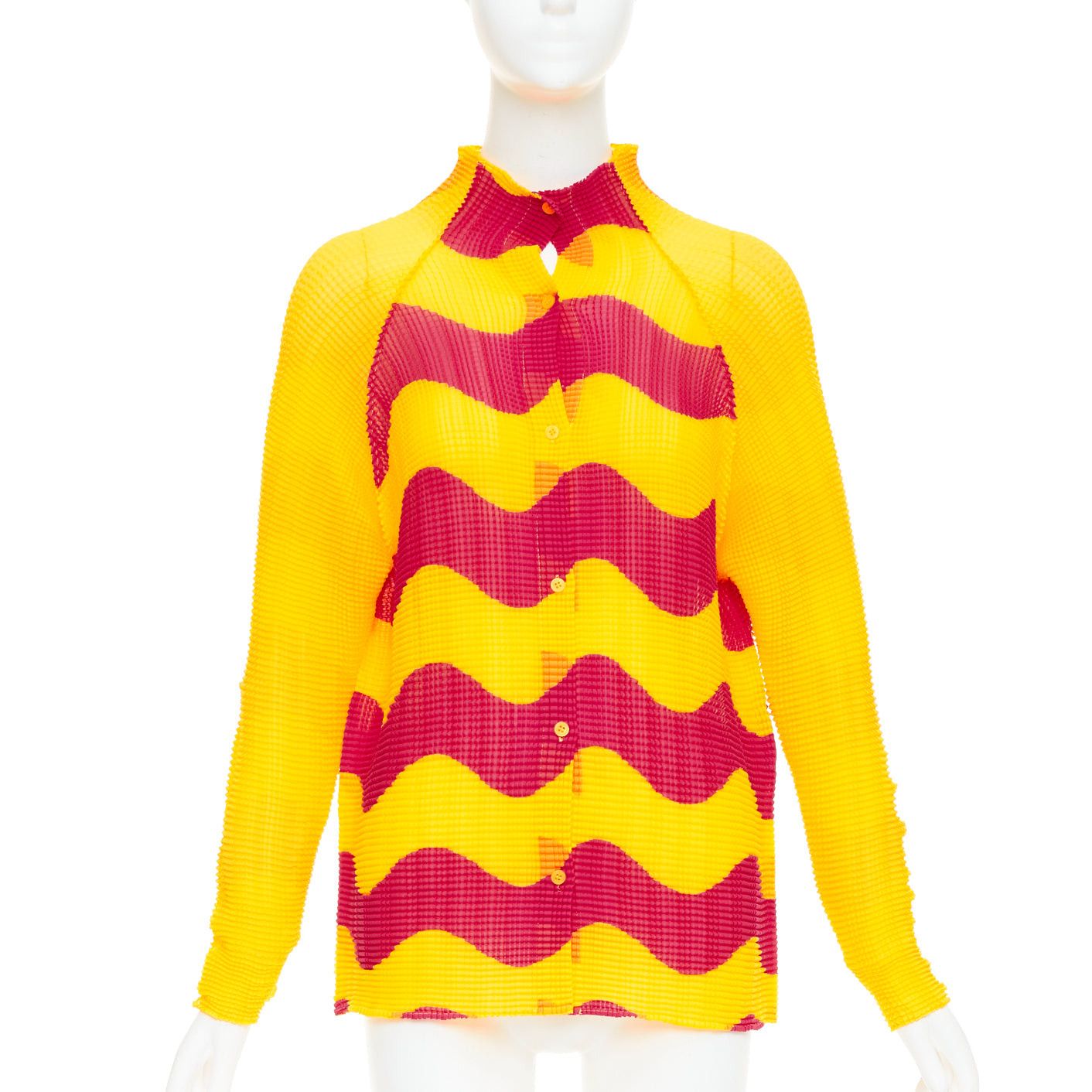 Issey Miyake rare ISSEY MIYAKE Pleats Please graphic yellow red wave plisse high neck top JP2 M Size M / US 6-8 / IT 42-44 - 1 Thumbnail