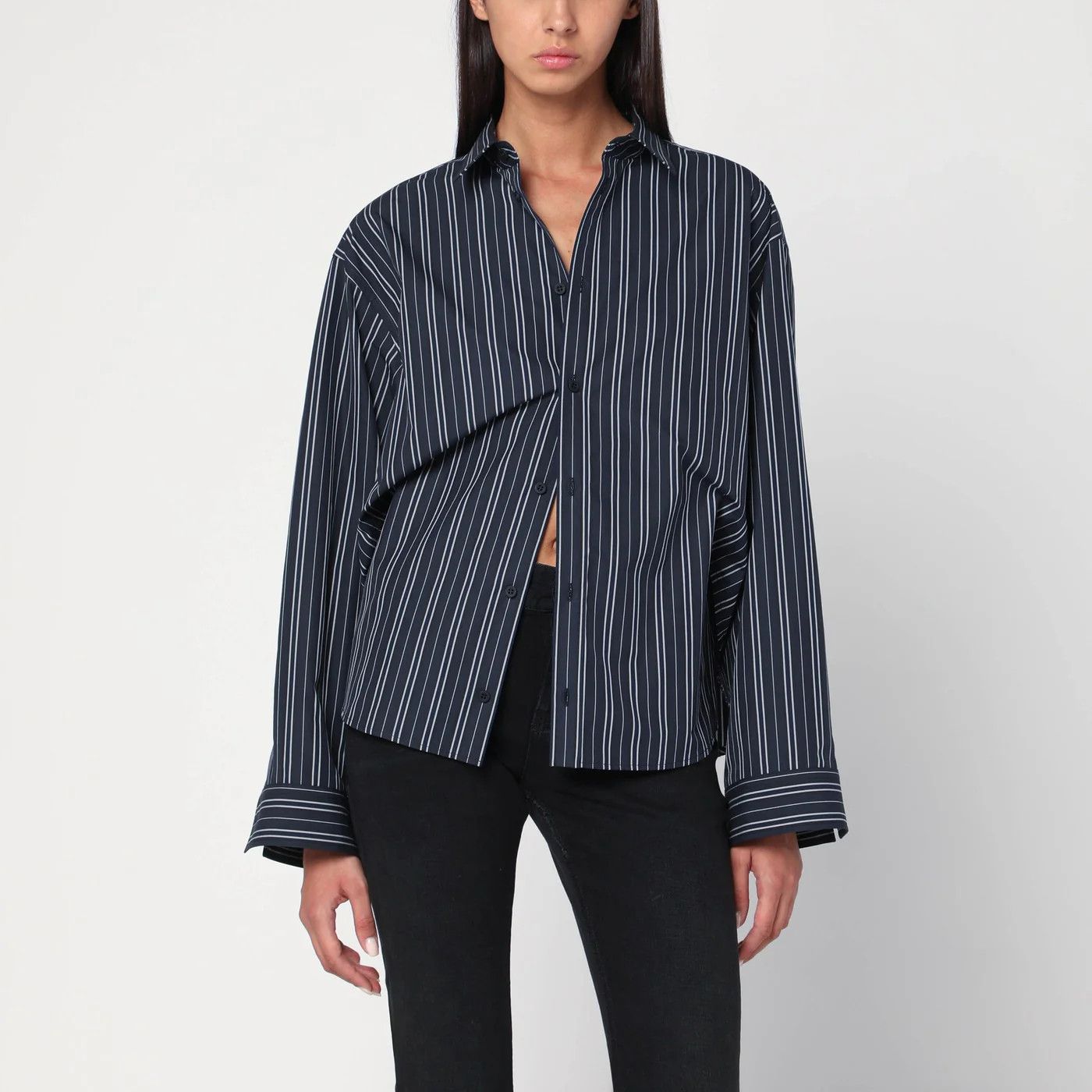 Balenciaga o1d2blof0426 Striped Cotton Button Shirt in Navy Blue Size XS / US 0-2 / IT 36-38 - 1 Thumbnail