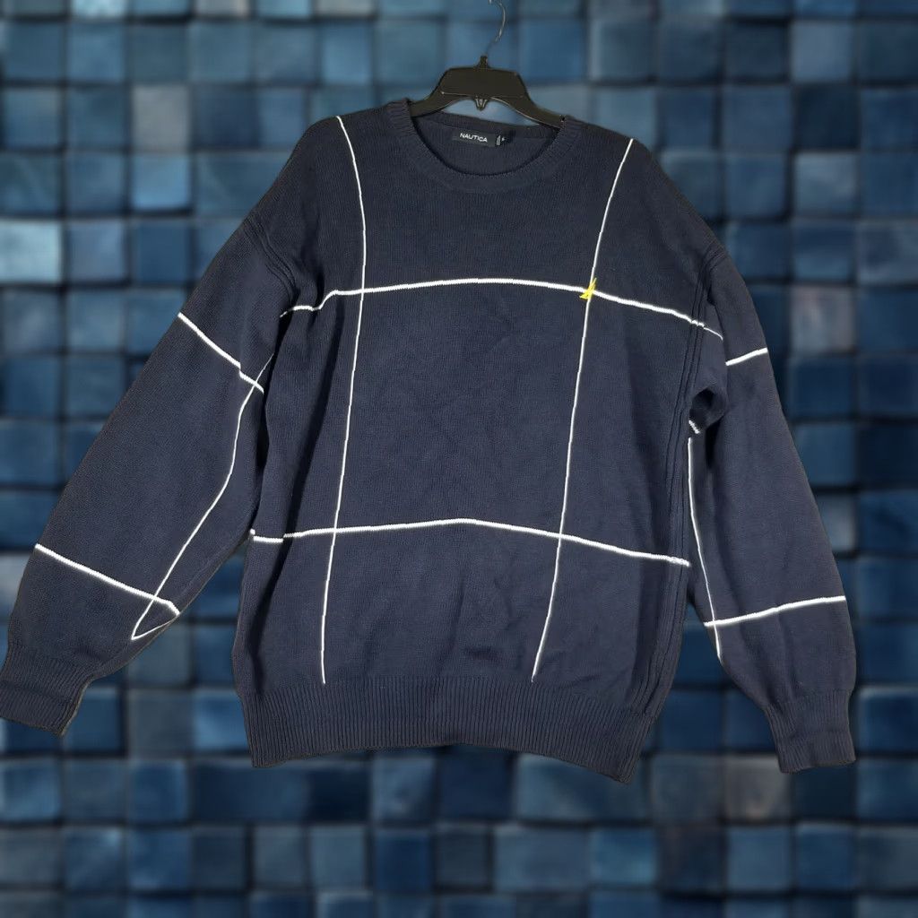 Nautica VINTAGE Nautica Sweater XL Navy Blue Windowpane Crewneck Cotton Pullover Mens Size US XL / EU 56 / 4 - 1 Thumbnail