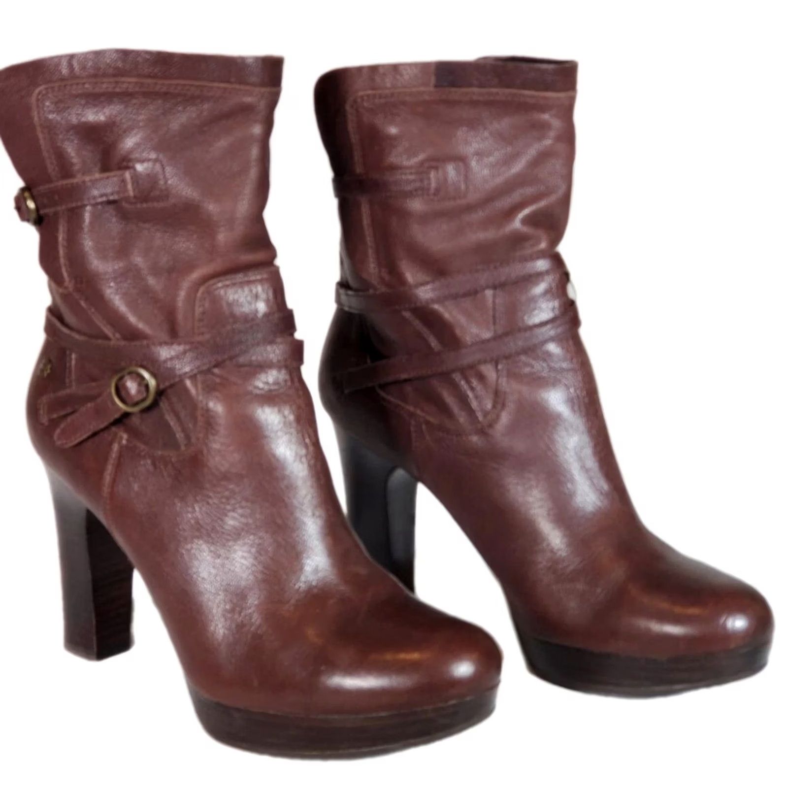 Ugg VINTAGE UGG Australia Olivia Brown Leather High Heel Platform Boots Women US 8.5 1005645 Size US 7 / IT 37 - 2 Thumbnail
