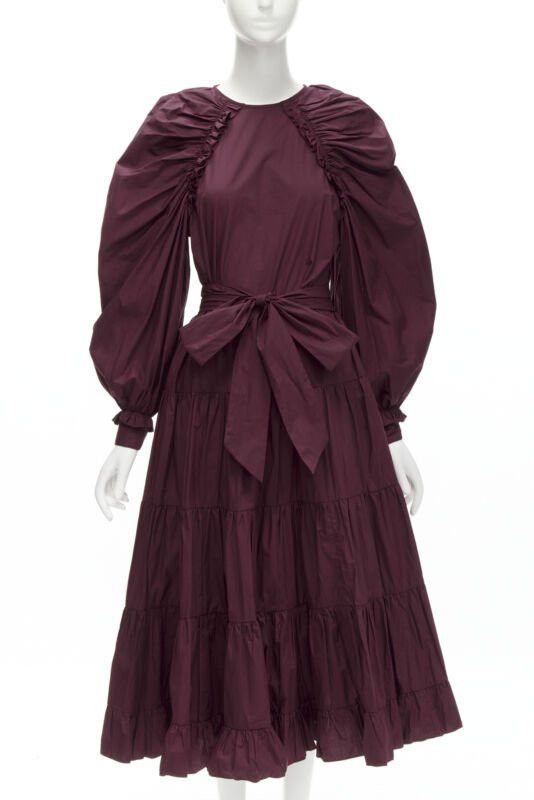 Ulla Johnson ULLA JOHNSON burgundy cotton bow belt balloon sleeves flared midi dress US2 XS Size S / US 4 / IT 40 - 1 Thumbnail