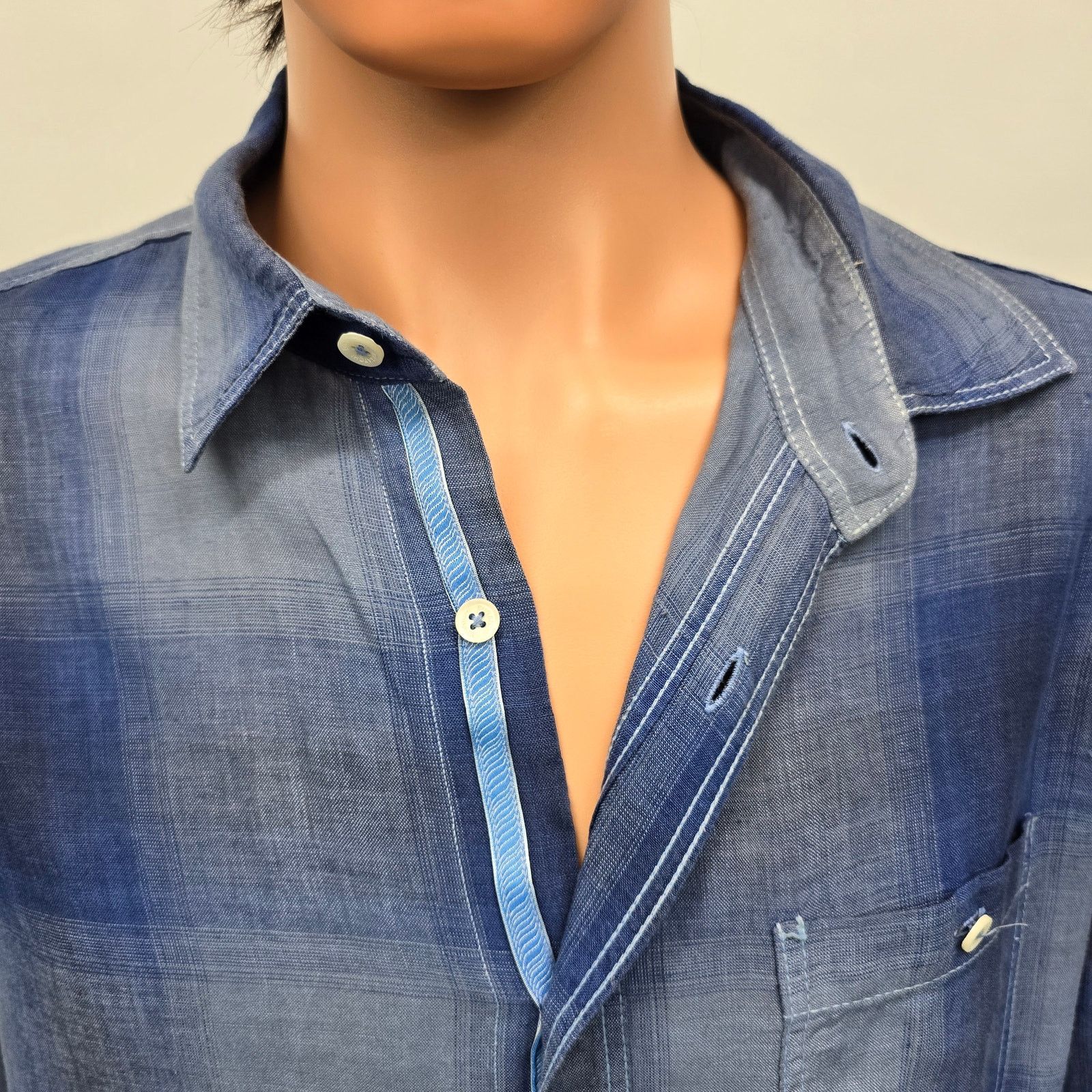 BUGATCHI Bugatchi Uomo Linen Shirt L Shaped Fit Ombre Plaid Roll tab Size US L / EU 52-54 / 3 - 4 Thumbnail