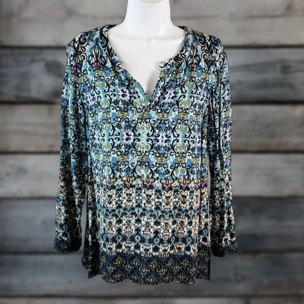 J. Jill J Jill Womens Blouse XS PXS Printed Top Blue Green Long Sleeve Rayon Shirt Womens XS PXS Blue Green 90s? Size XS / US 0-2 / IT 36-38 - 1 Thumbnail