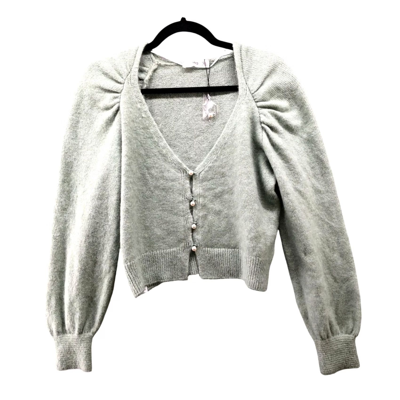 Mango Mango Cardigan Puff Sleeve Womens M Sage Green Pearl Button V-Neck Soft Knit Lightweight Counter Size M / US 6-8 / IT 42-44 - 2 Thumbnail