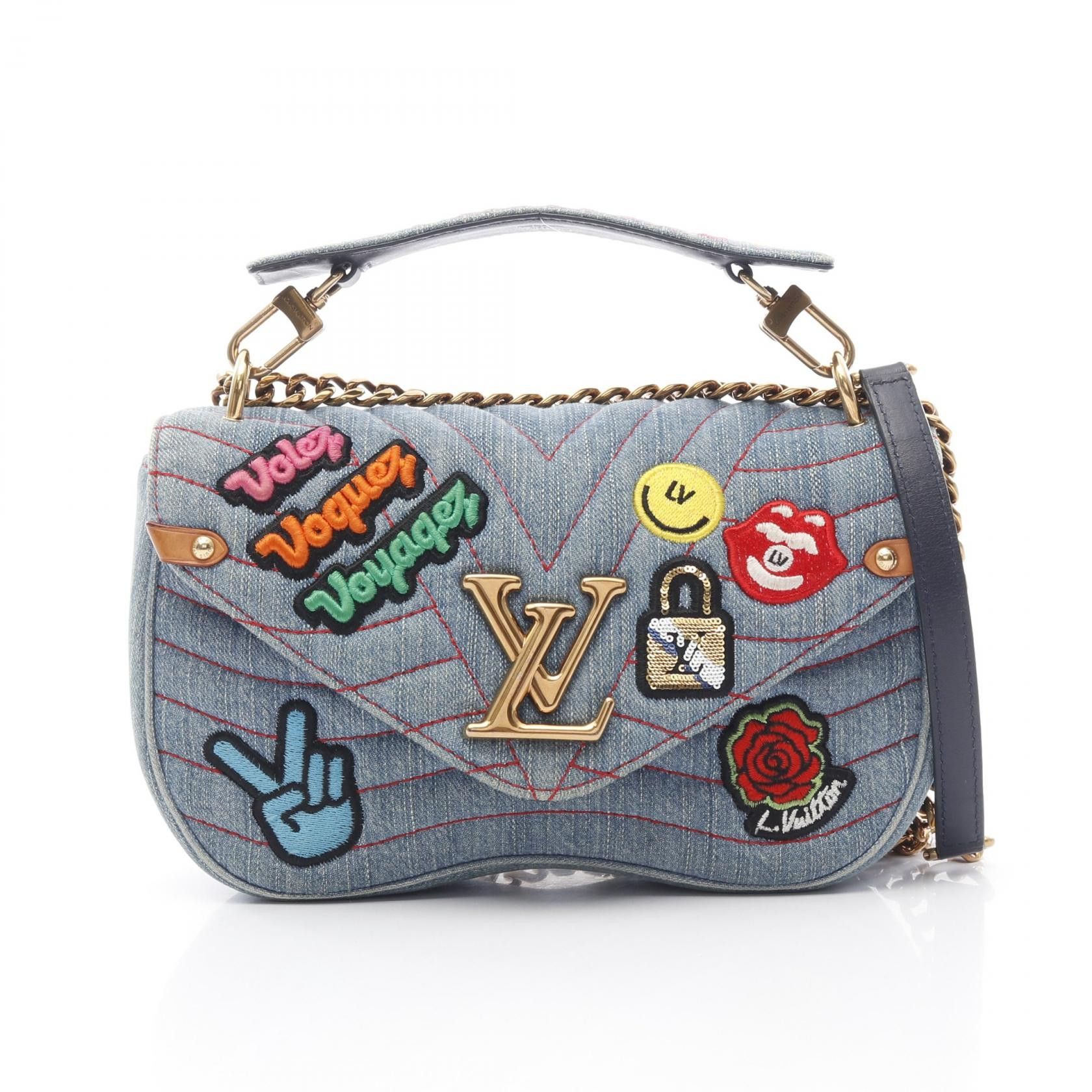 Louis Vuitton New Wave Chain Bag Mm Patchies Shoulder Denim Blue
