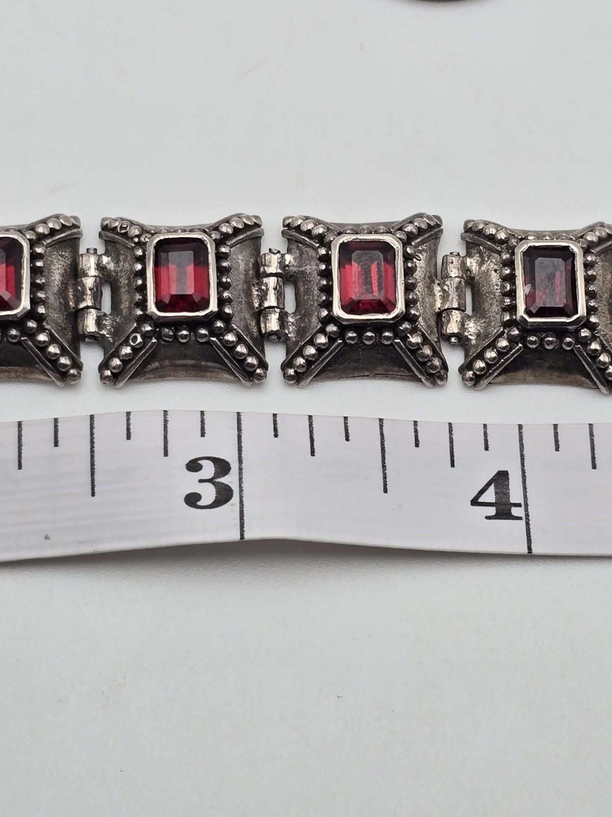 Chalk Line Vintage 925 Sterling Silver Garnet Link Bracelet 7.5" Heavy Size ONE SIZE - 5 Thumbnail
