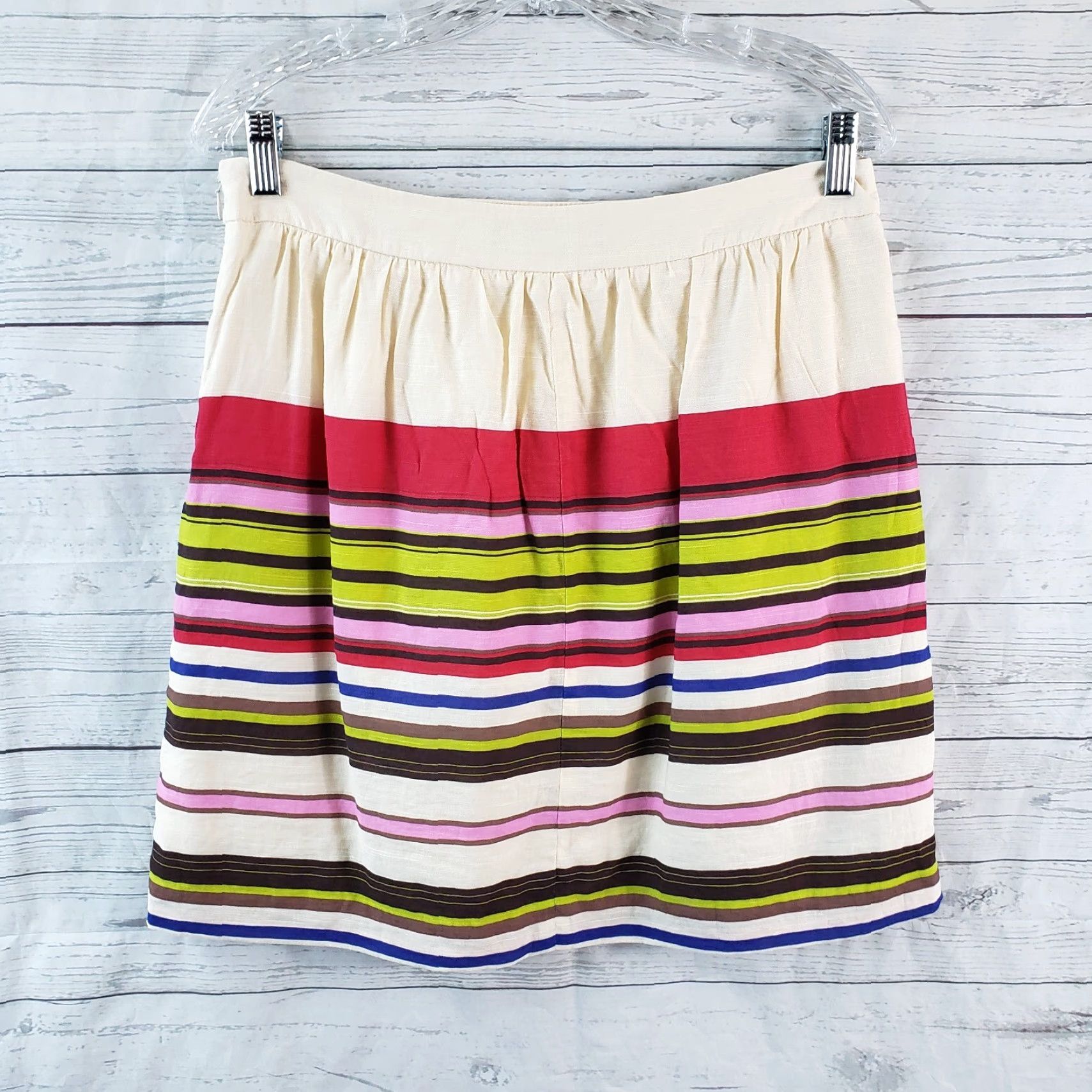 Loft Ann Taylor LOFT Skirt 10P Petite Womens Short A-Line Striped Rayon Zip Cream Red Multicolor Satin? Size 32" / US 10 / IT 46 - 3 Thumbnail