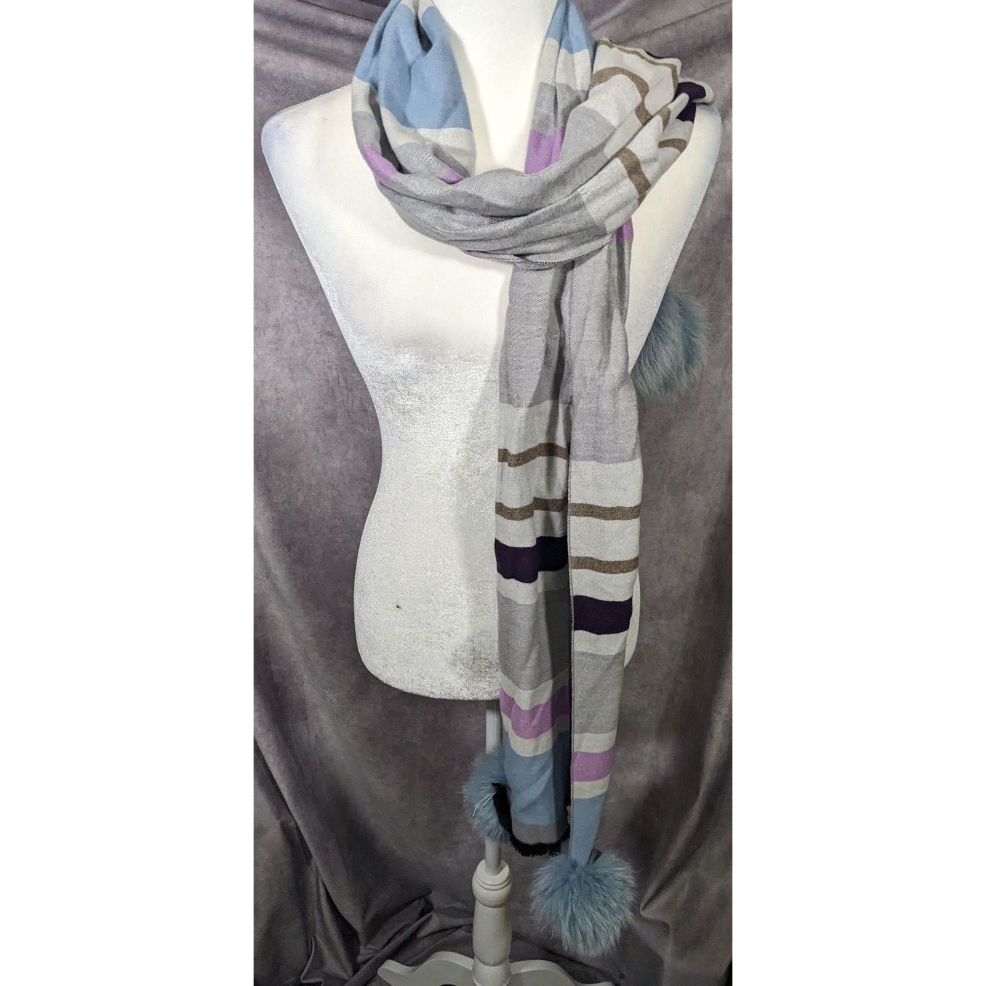 Other Casual Grey Purple And Blue Striped Pompom Scarf Size ONE SIZE - 6 Thumbnail