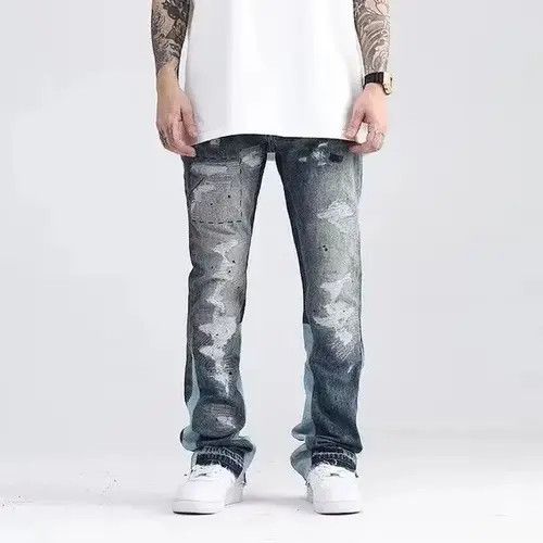 Japanese Brand Blue Speckle ink Washed Destroyed Flared Jean Size US 32 / EU 48 - 6 Thumbnail