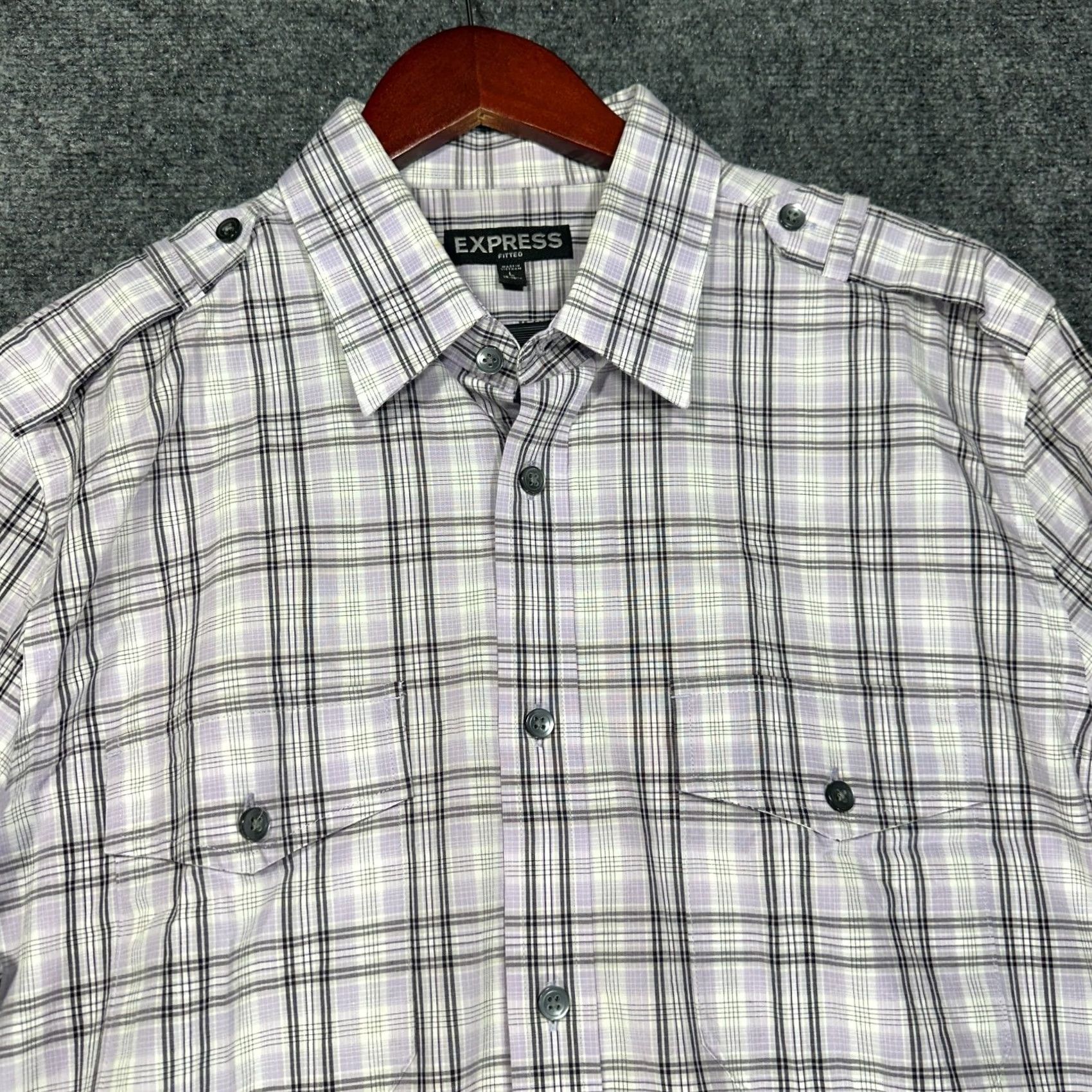 Express Express Shirt Mens Large Fitted Button Up Purple Stretch Plaid Roll Tab Sleeve Size US L / EU 52-54 / 3 - 6 Thumbnail
