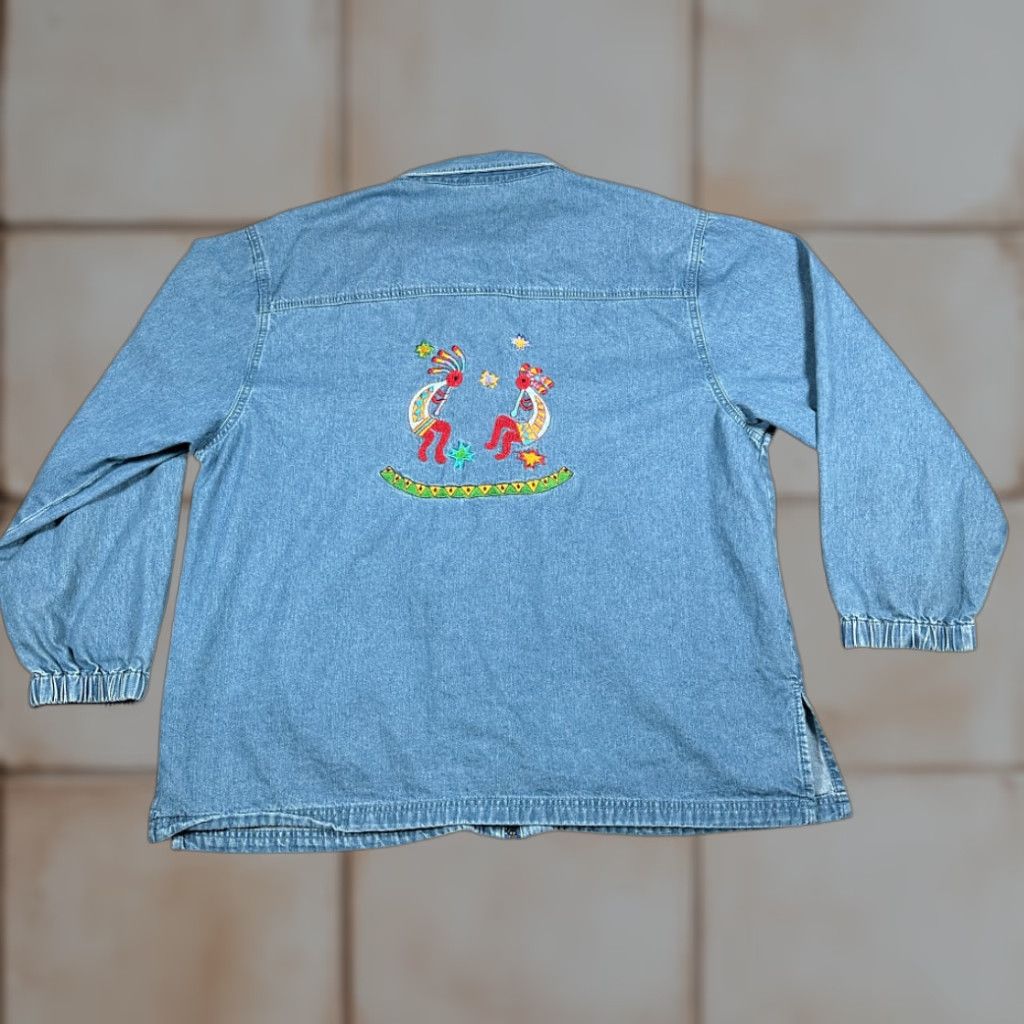 Denime VINTAGE Denim Bakery Kokopelli Jacket Womens Large Blue Denim Embroidered Western 90s Jacket Size L / US 10 / IT 46 - 1 Thumbnail