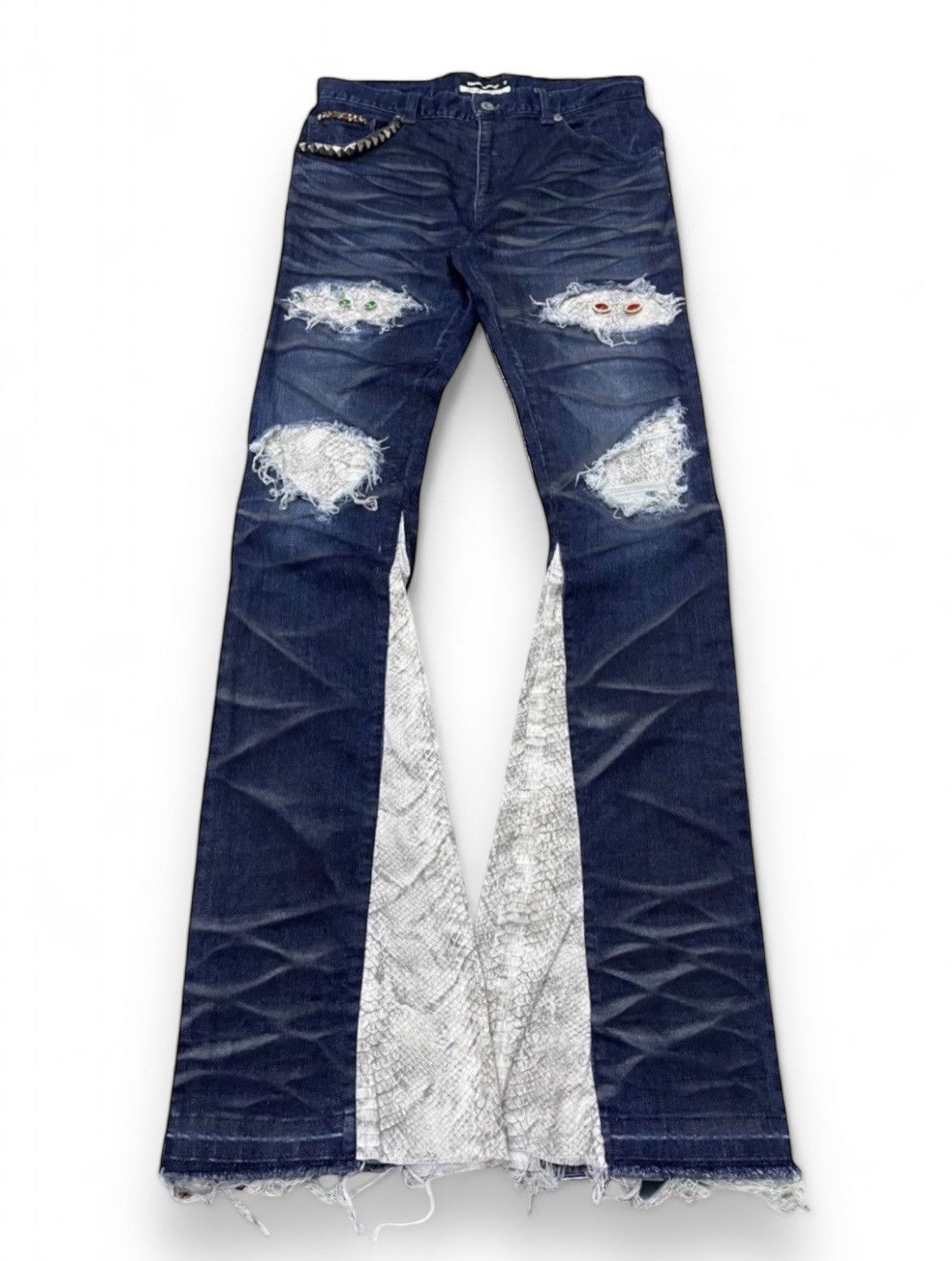 Semantic Design Snake Shedding Skin Stud Flare Stacked Jeans