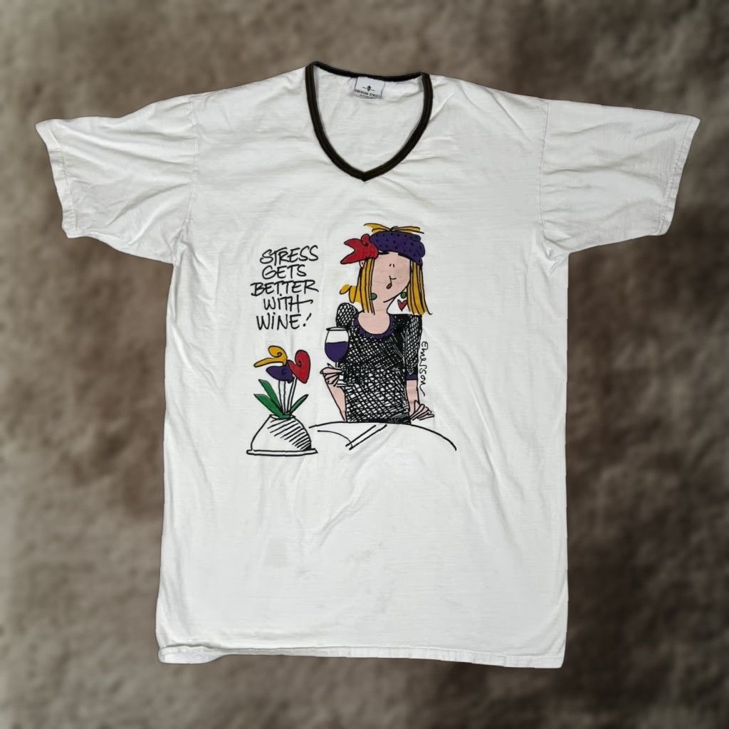 Vintage VINTAGE Emerson T-Shirt Women One Size White Short Sleeve V-Neck Stress Gets Better With Wine Regular Casual 100% Cotton United States Boys? Wait. Size ONE SIZE - 1 Thumbnail
