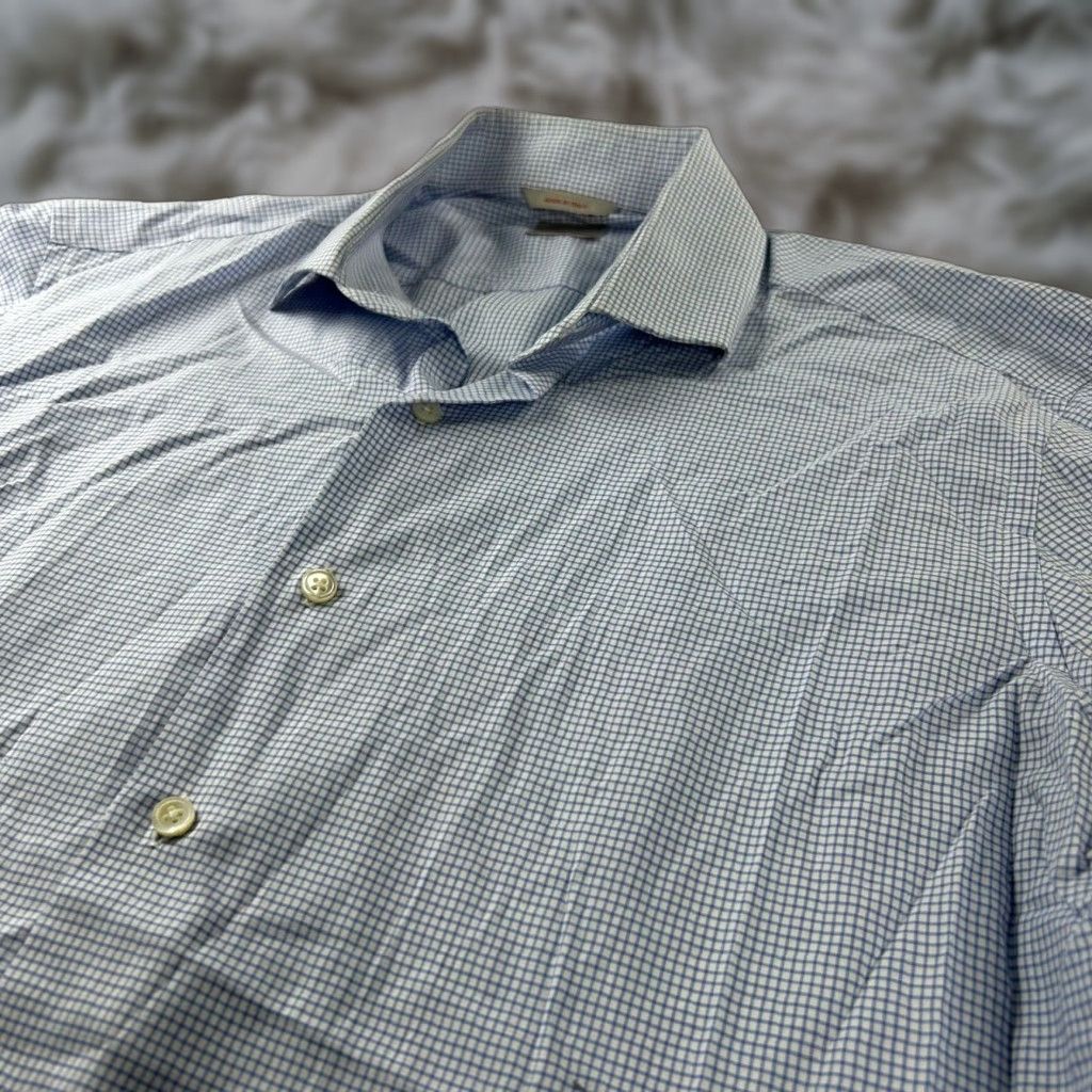Samuelsohn Dress Shirt Long Sleeve Blue White Graph Check Size 17 Made in Italy Mens