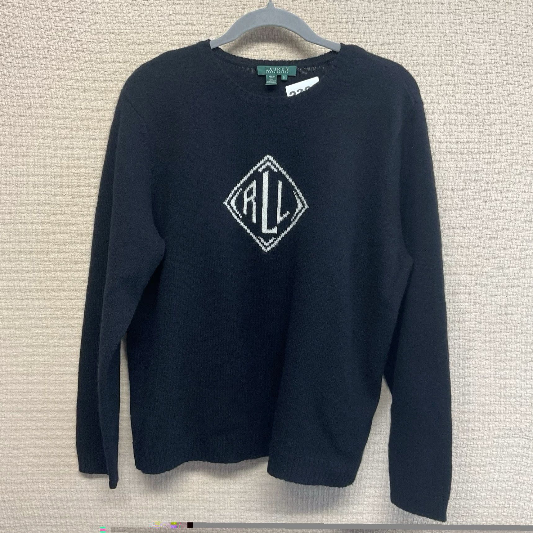 VINTAGE Lauren Ralph Lauren Sweater Women's 2X Black Wool Knit Crew Neck Logo Front