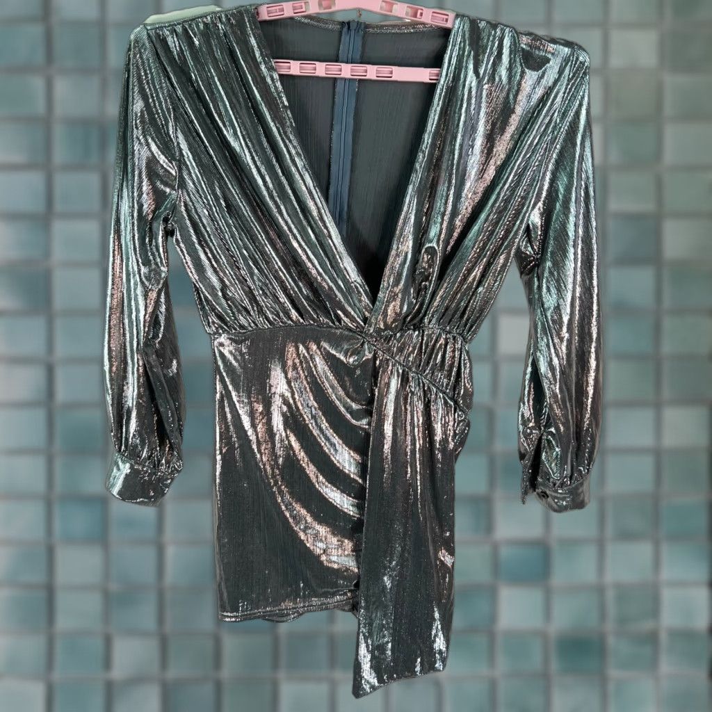 Vintage SCENE STEALER METALLIC DRESS Womens Midi Pullover Dress V-Neck Silver Wrap Dress Long Sleeve XS/Size M not applicable Size M / US 6-8 / IT 42-44 - 1 Thumbnail