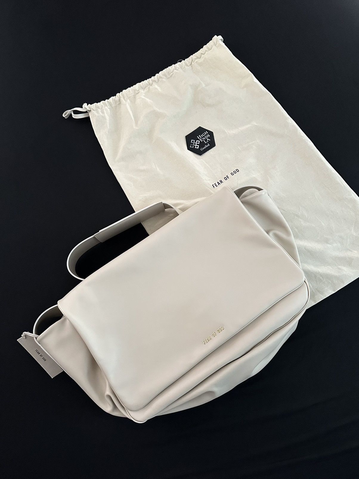 Fear Of God Eternal Newspaper Leather Messenger Bag in Beige, Men's