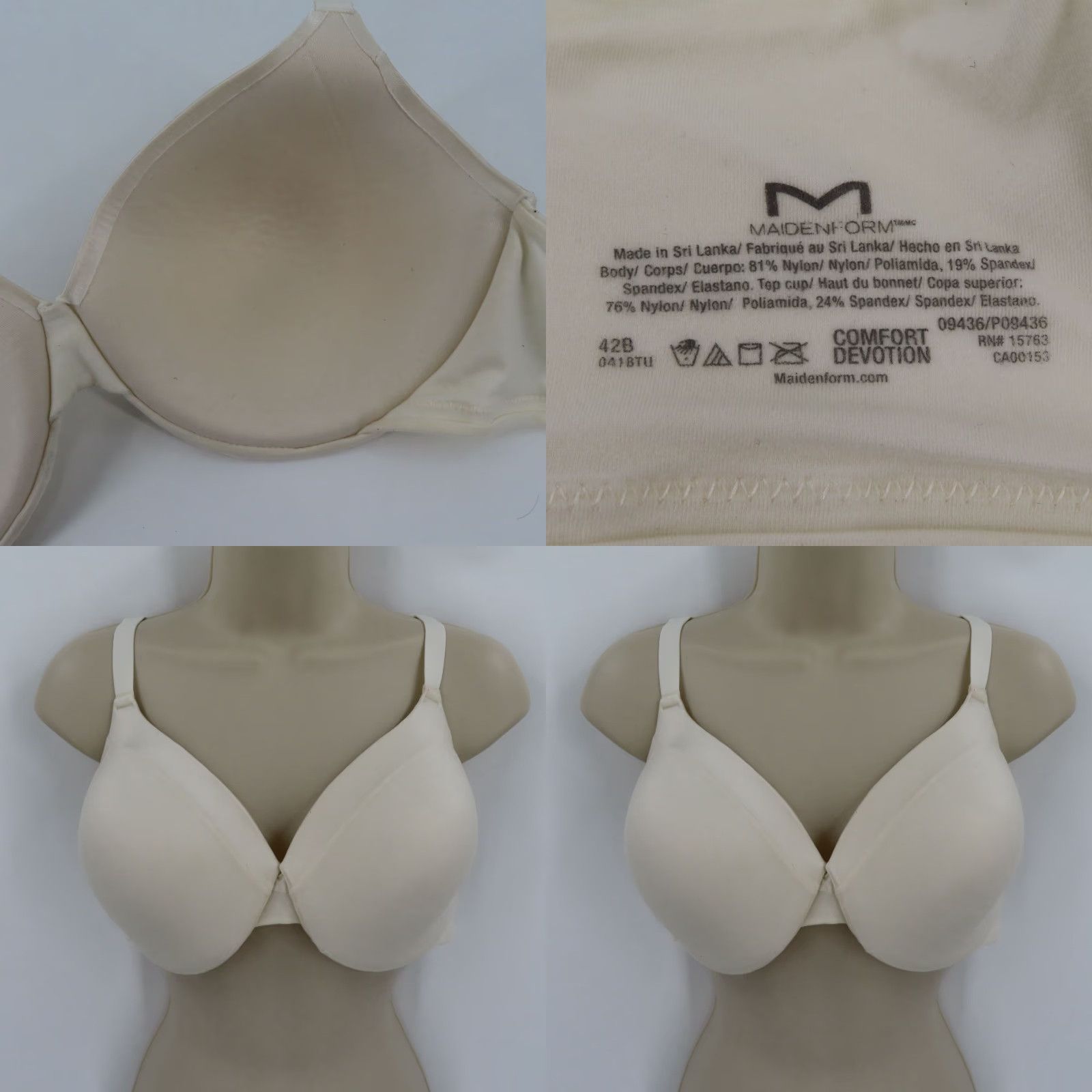 Vintage Maidenform Bra Everyday Full Coverage Lined Underwire 42B 42 Band Ivory Plus Size T-Shirt Style 09436 Women Size ONE SIZE - 9 Thumbnail