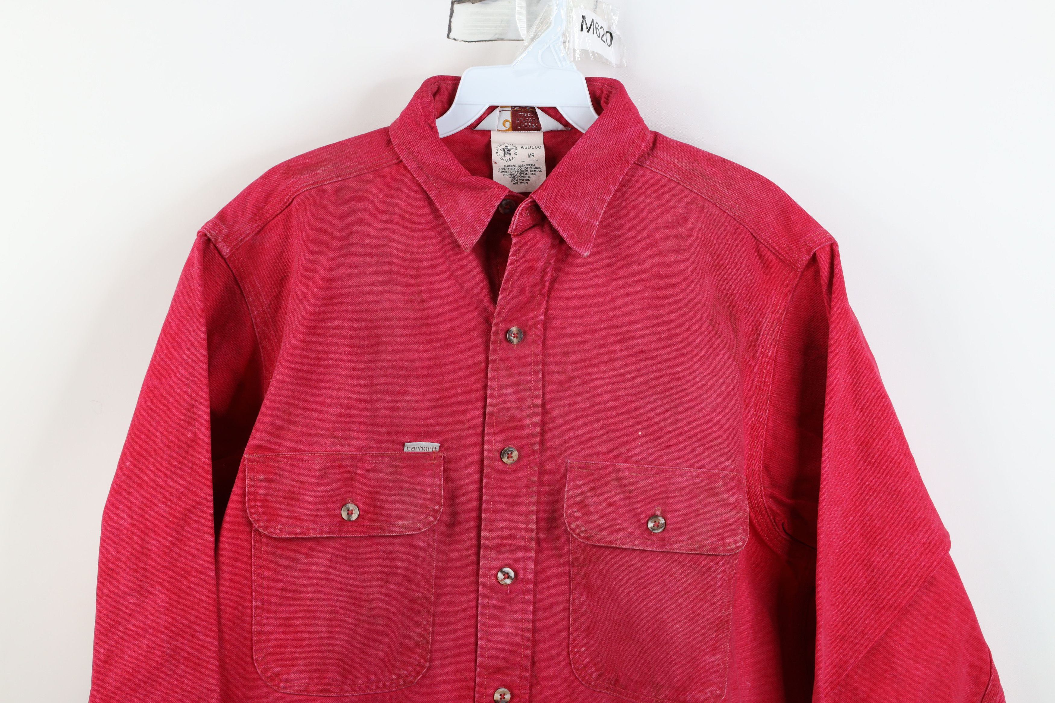Carhartt Vintage 90s Carhartt Acid Wash Canvas Button Shirt Red USA Size US M / EU 48-50 / 2 - 2 Thumbnail