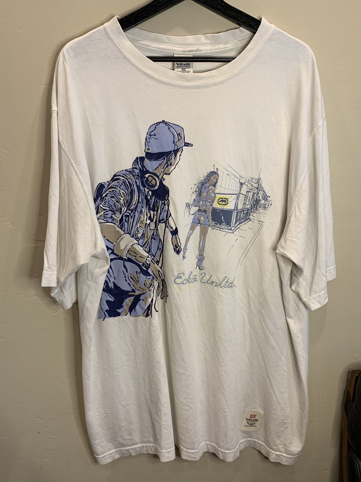 image of Vintage Ecko Unltd. Y2K Art Print Rap Scene T-Shirt in White, Men's (Size 2XL)