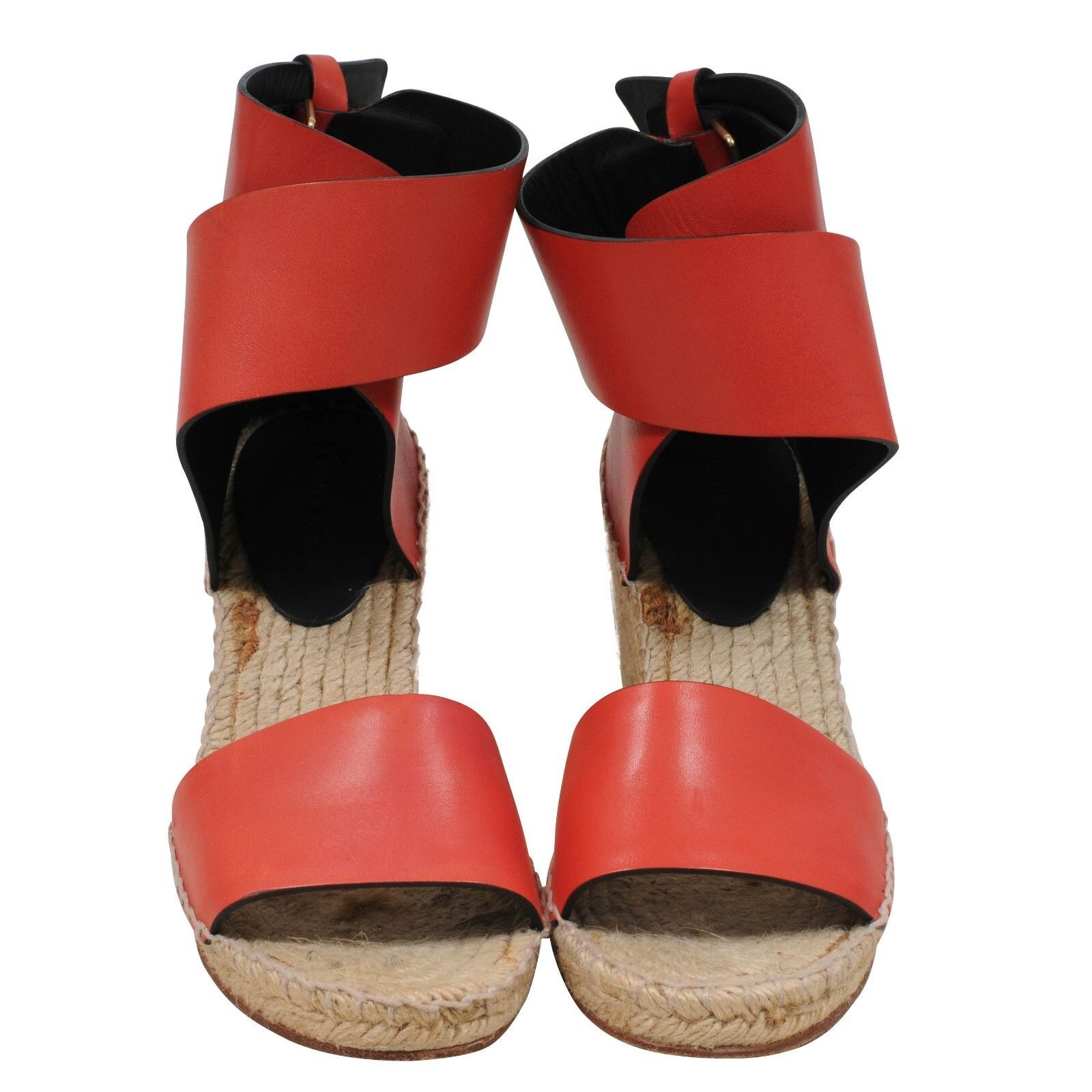 Celine Espadrille Sandals Red Leather Wedge Heels Size US 7 / IT 37 - 2 Thumbnail