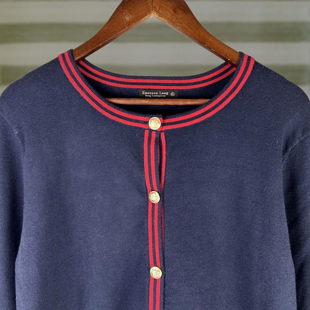 Vintage Emerson Lang Cardigan Sweater Womens XL Navy Crew Neck Stripe Trim Gold Button Size XL / US 12-14 / IT 48-50 - 1 Thumbnail