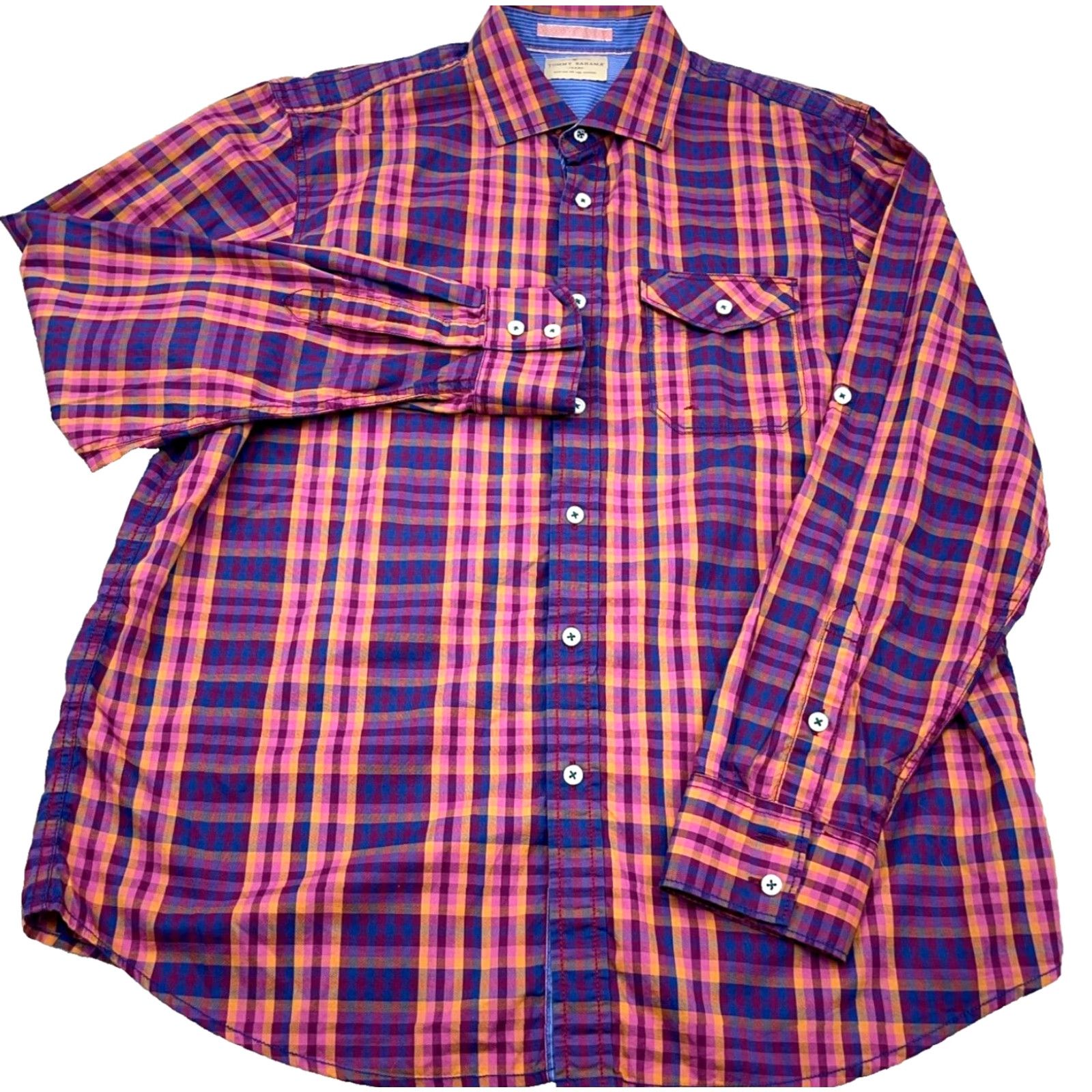 Tommy Bahama Tommy Bahama Shirt Men Large Pink Purple Button Up Plaid Poplin Dress Cotton Size 42R - 2 Thumbnail