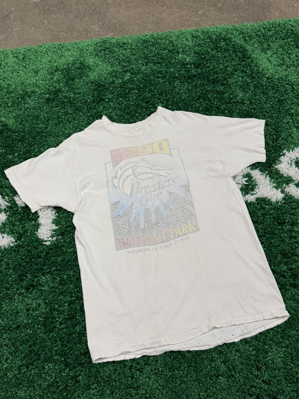 Vintage DESTROYED Horse Racing Belmont Park Breeders Cup 1990 Tee Size US L / EU 52-54 / 3 - 1 Thumbnail