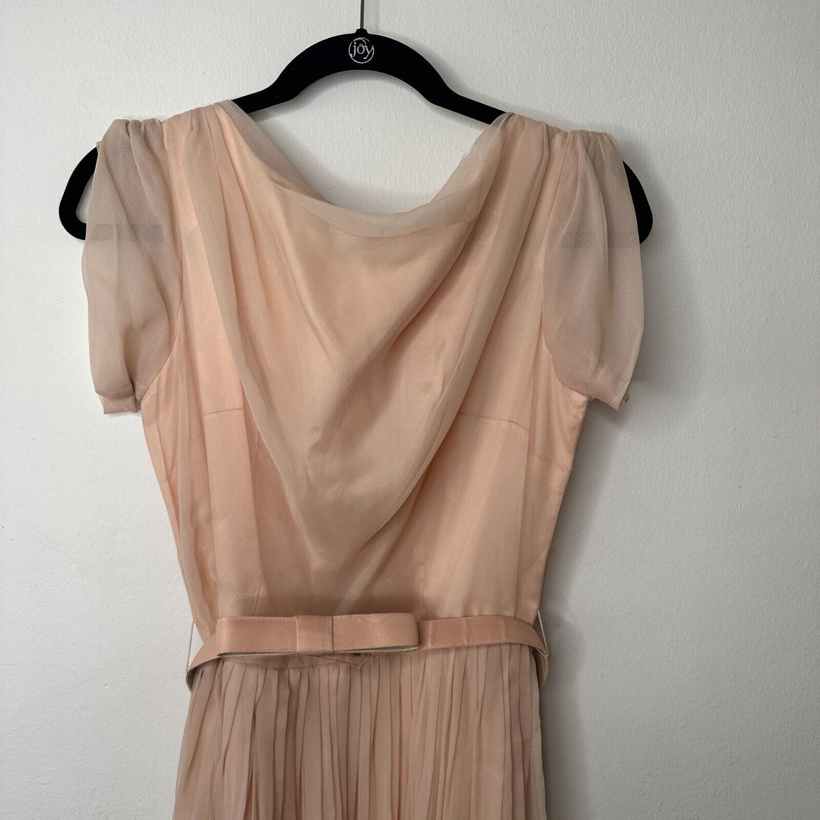 Vintage Vintage Sz 15 Peach Chiffon Pleated Belted Dress Drape Neck Size L / US 10 / IT 46 - 2 Thumbnail
