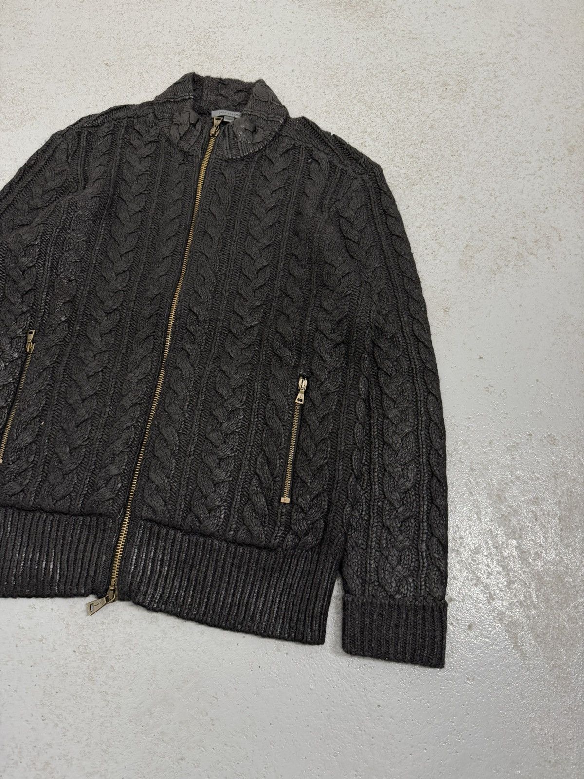 John Varvatos John Varvatos Fall 2015 Runway Foil Cable Knit Zip Sweater Size US L / EU 52-54 / 3 - 3 Thumbnail
