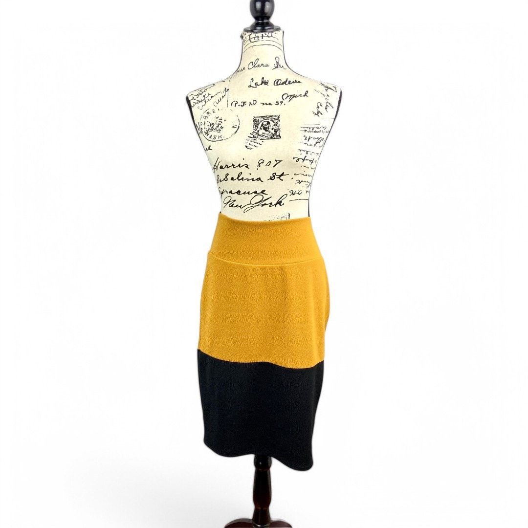 Other LuLaRoe Pencil Skirt Cassie Mustard Black Dipped Colorblock Size 32" / US 10 / IT 46 - 3 Thumbnail