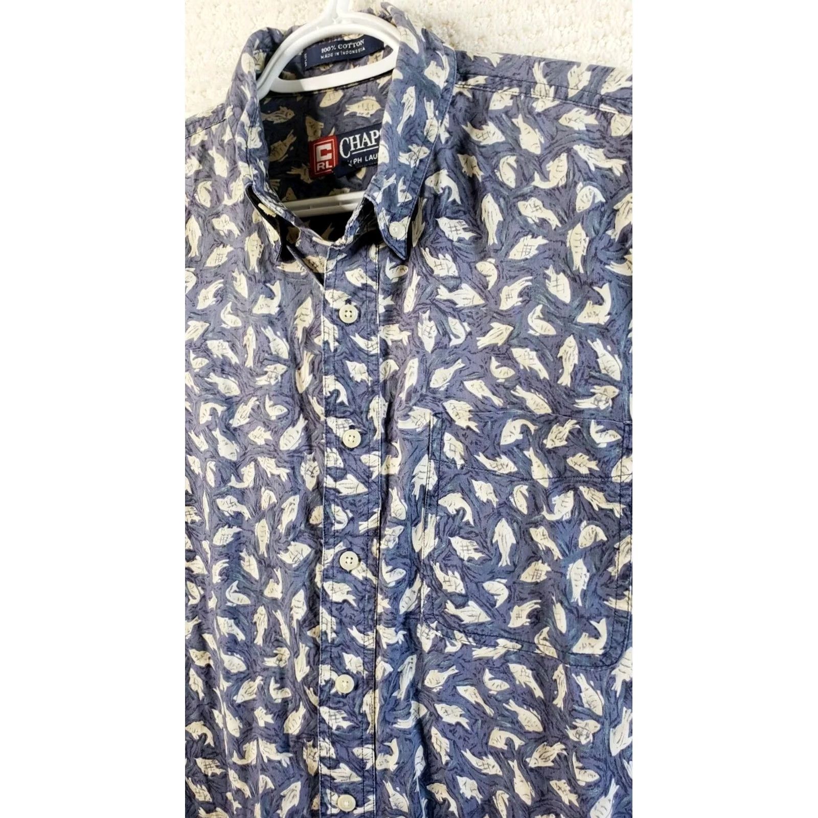 Chaps Chaps Ralph Lauren Mens M Short Sleeve Button-Down Shirt Blue with Fish Pattern, Cotton, Twill, Casual, Button-Up, Regular Fit Size US M / EU 48-50 / 2 - 4 Thumbnail