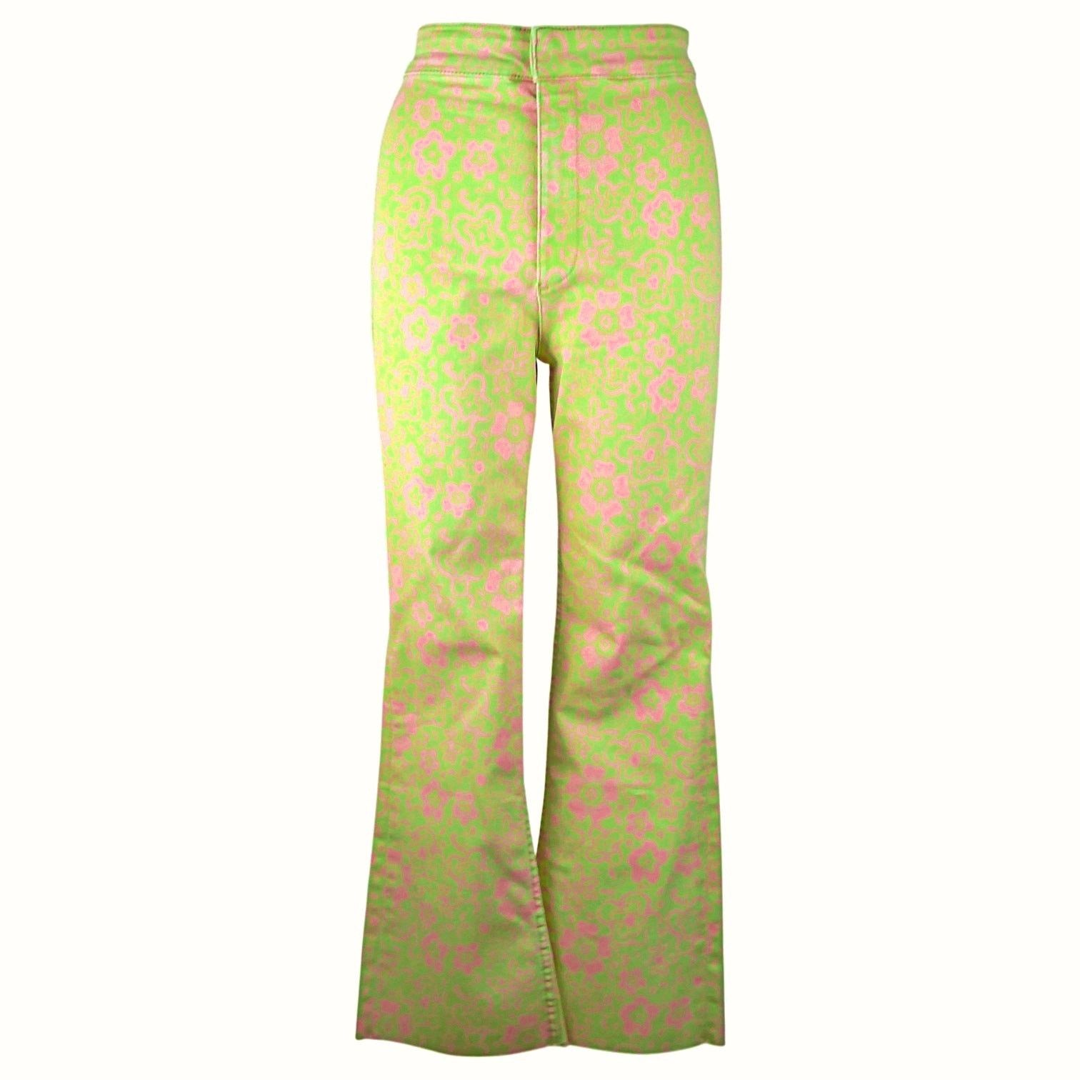 Zara Zara Kick Flare Jeans Green Floral High Rise Crop Raw Hem Size 32" / US 10 / IT 46 - 3 Thumbnail