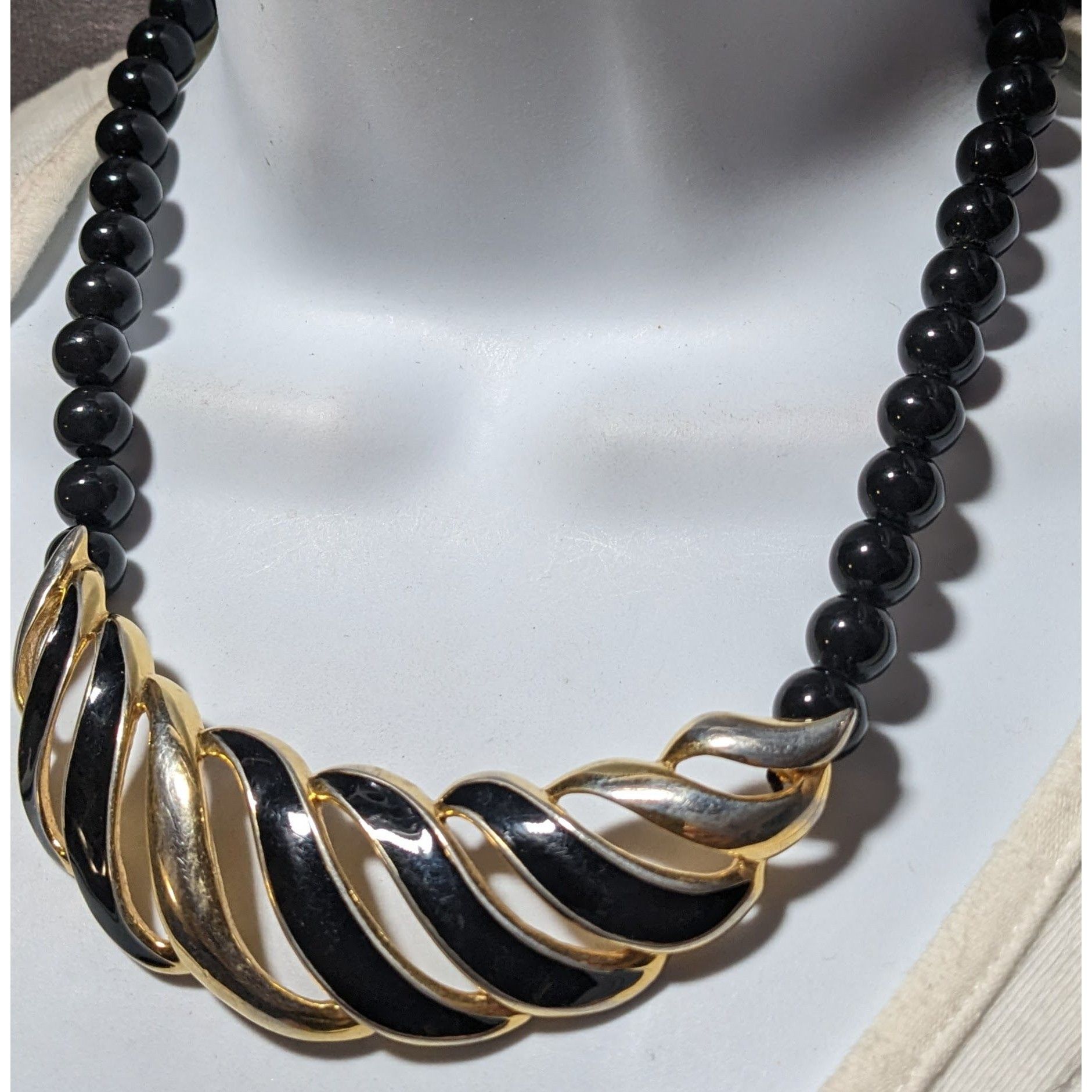 Monet Monet Vintage Black And Gold Beaded Bib Necklace Size ONE SIZE - 12 Thumbnail
