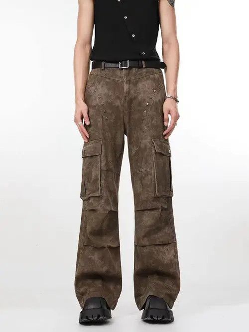 Retro Deconstructed Studded Pocket Cargo Wide Leg Jeans