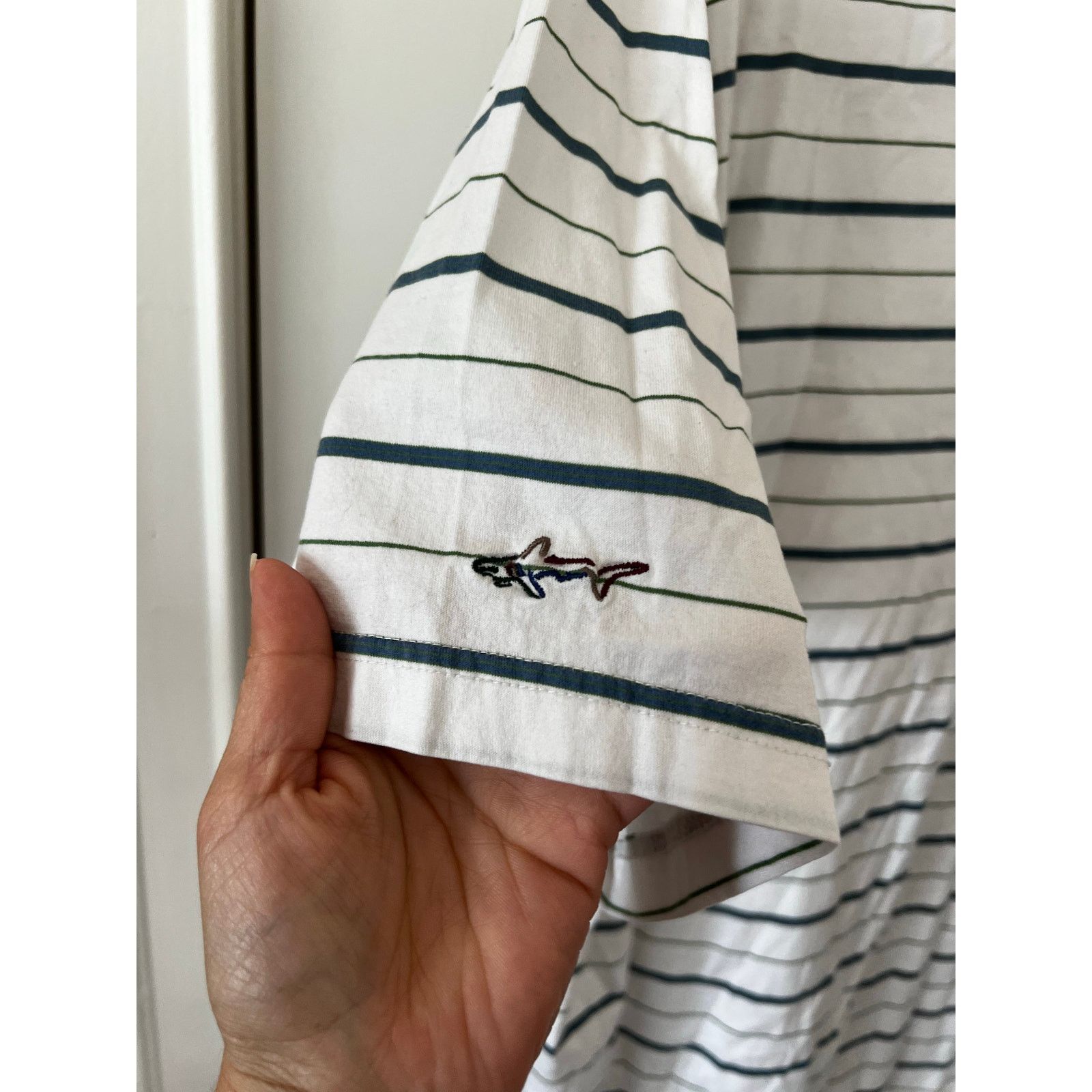Greg Norman Men’s Polo Golf Shirt Short Sleeve Shark Logo Striped White Size US L / EU 52-54 / 3 - 9 Thumbnail