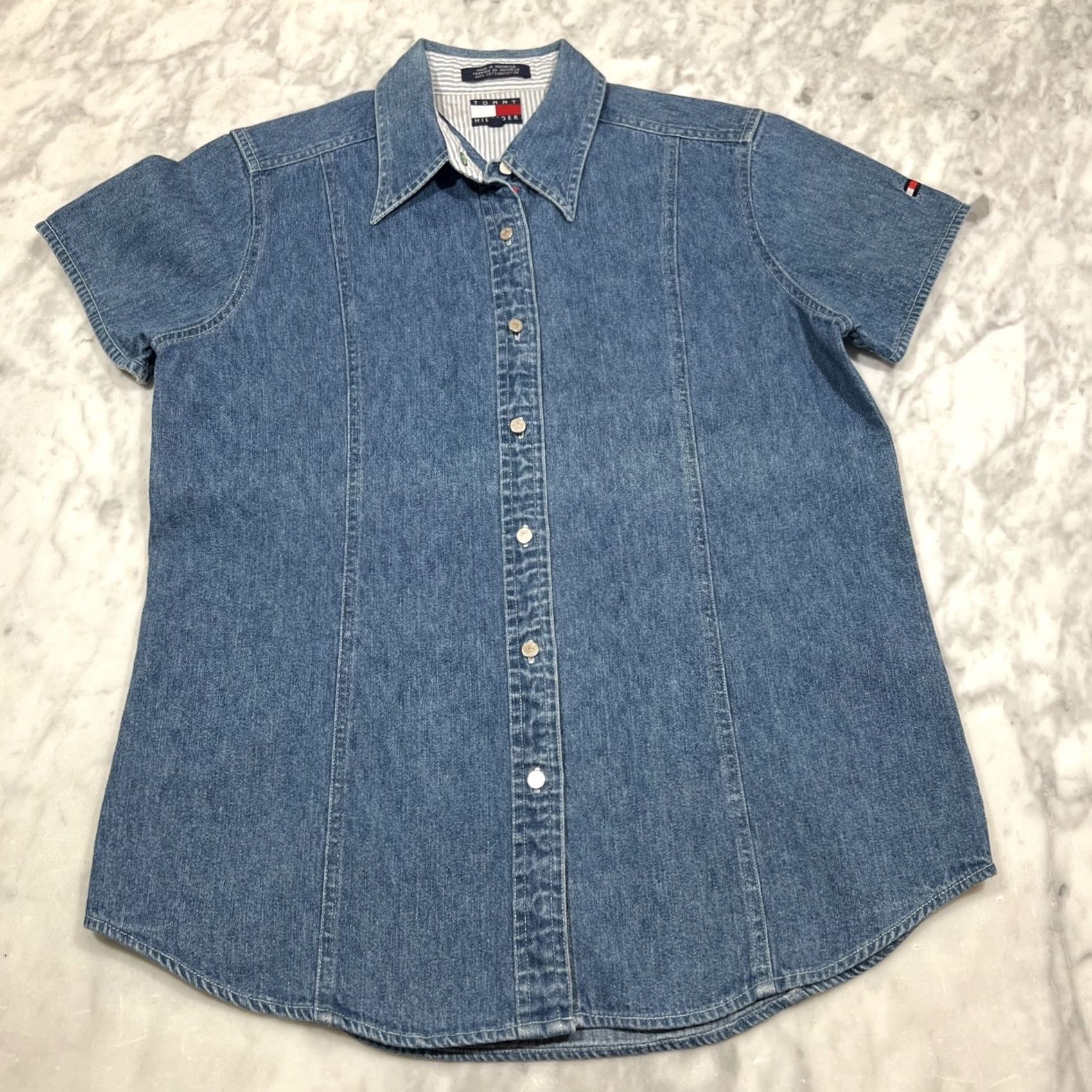 Tommy Hilfiger Tommy Hilfiger Shirt Women 10 Blue Denim Button Up Cap Sleeves Size L / US 10 / IT 46 - 2 Thumbnail