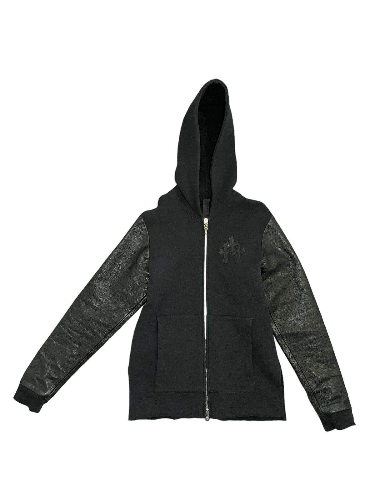 Image of Chrome Hearts Triple Cross Leather Sleeve Zip Up Hoodie in Black, Men's (Size Small)