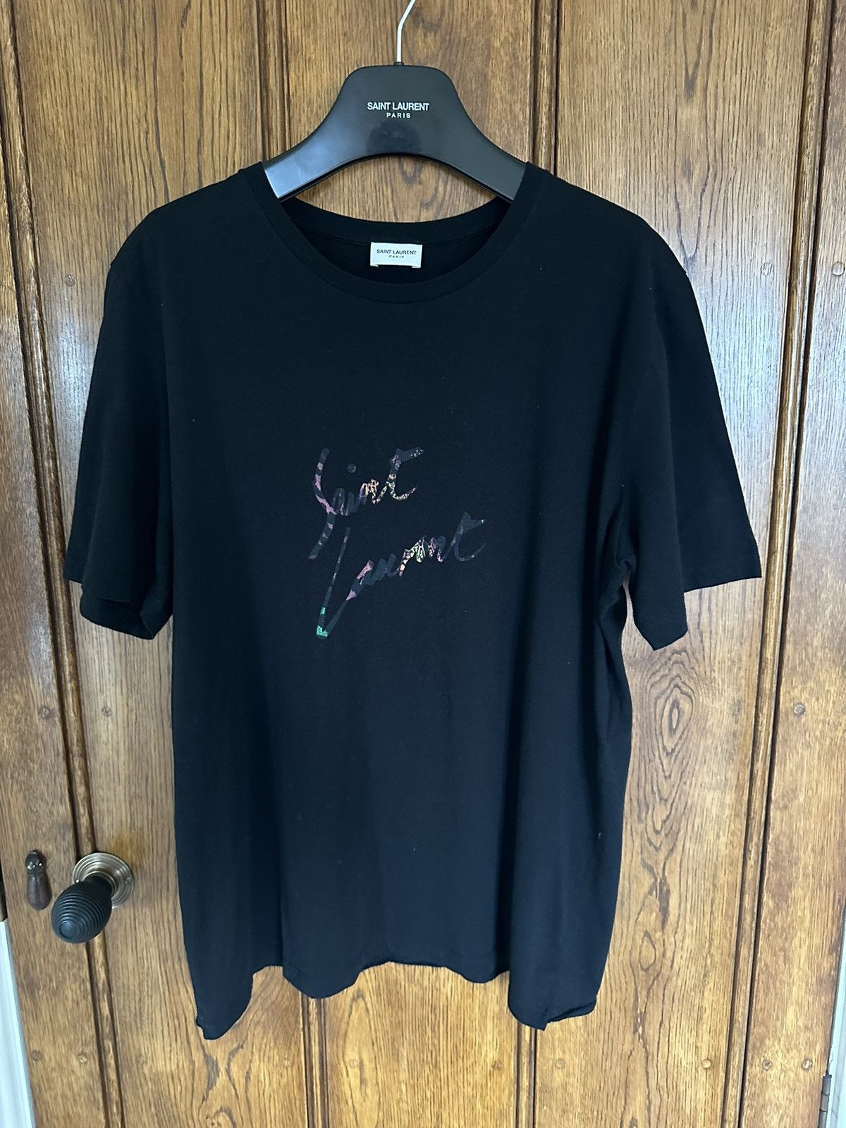Pre-owned Saint Laurent $450  Logo Black T Shirt Script Leopard M