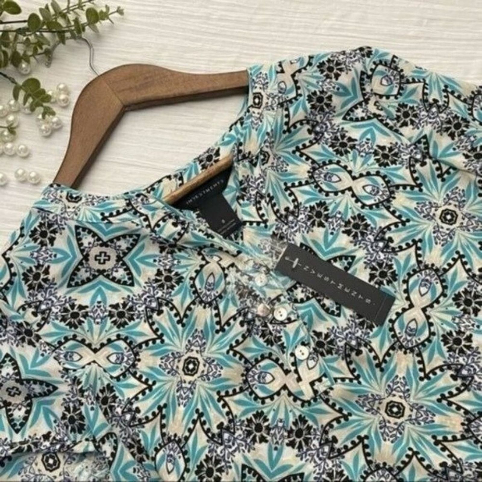 Other Investments Teal White Split Neck Blouse Hi-Low Hem Small Size S / US 4 / IT 40 - 4 Thumbnail