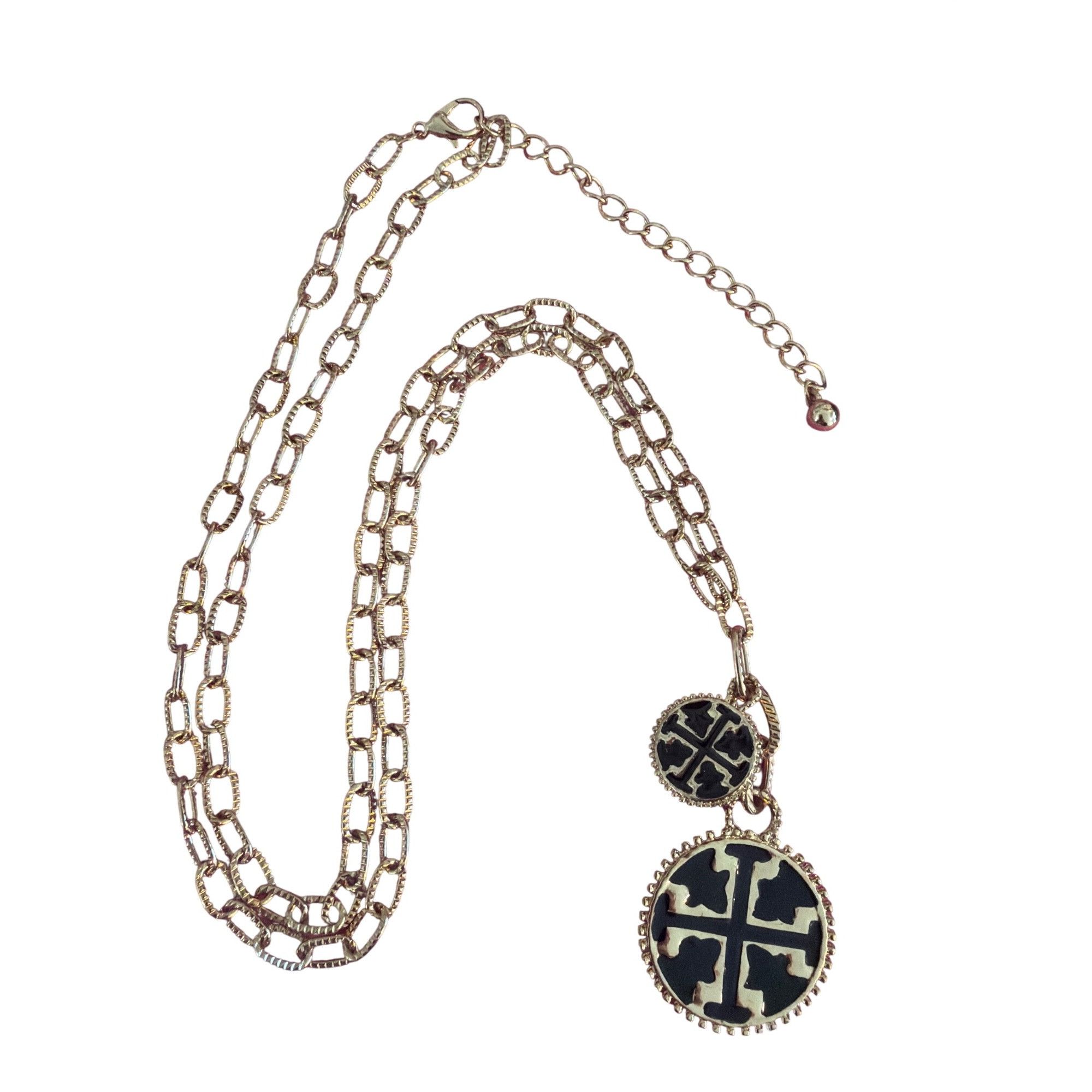 Other Gold Tone Chain Necklace Black Enamal Pendant Double Drop Ad Size ONE SIZE - 4 Thumbnail
