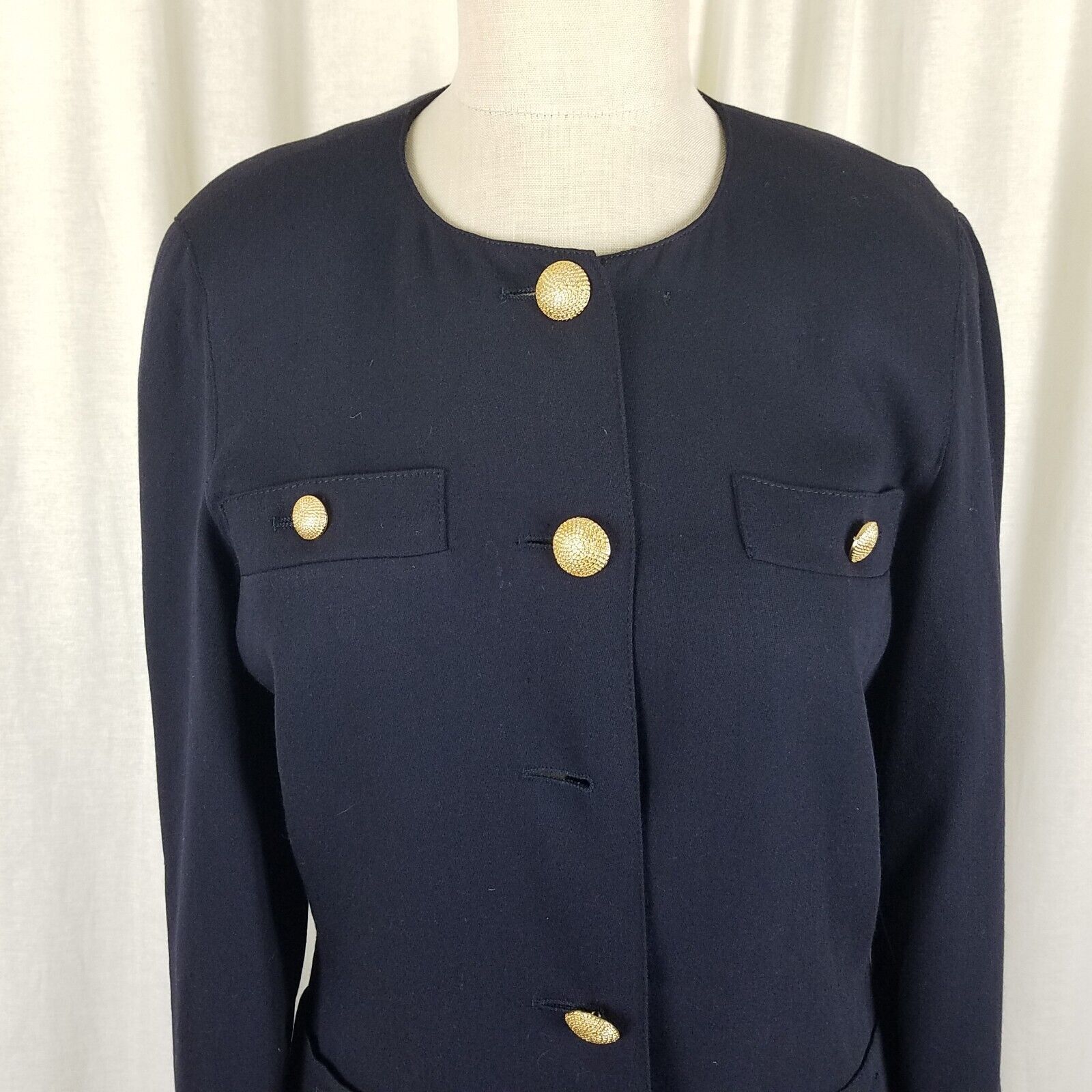 Marella Marella Worsted Wool Navy Collarless Jacket Blazer Crest 8 Size M / US 6-8 / IT 42-44 - 2 Thumbnail