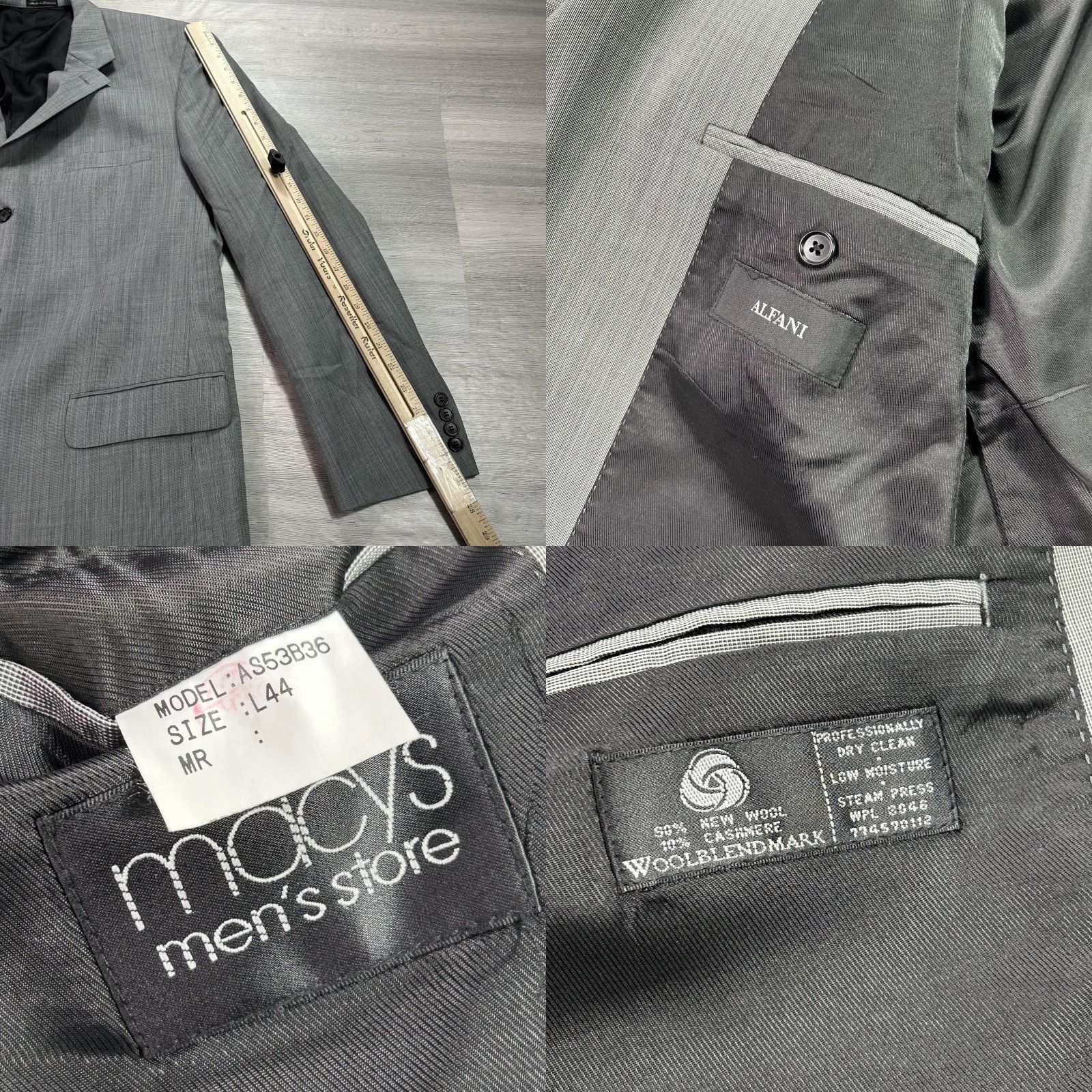 Alfani Alfani Mens 44L 2 Piece Suit Jacket Pants Gray Wool Cashmere Check Size 44R - 8 Thumbnail