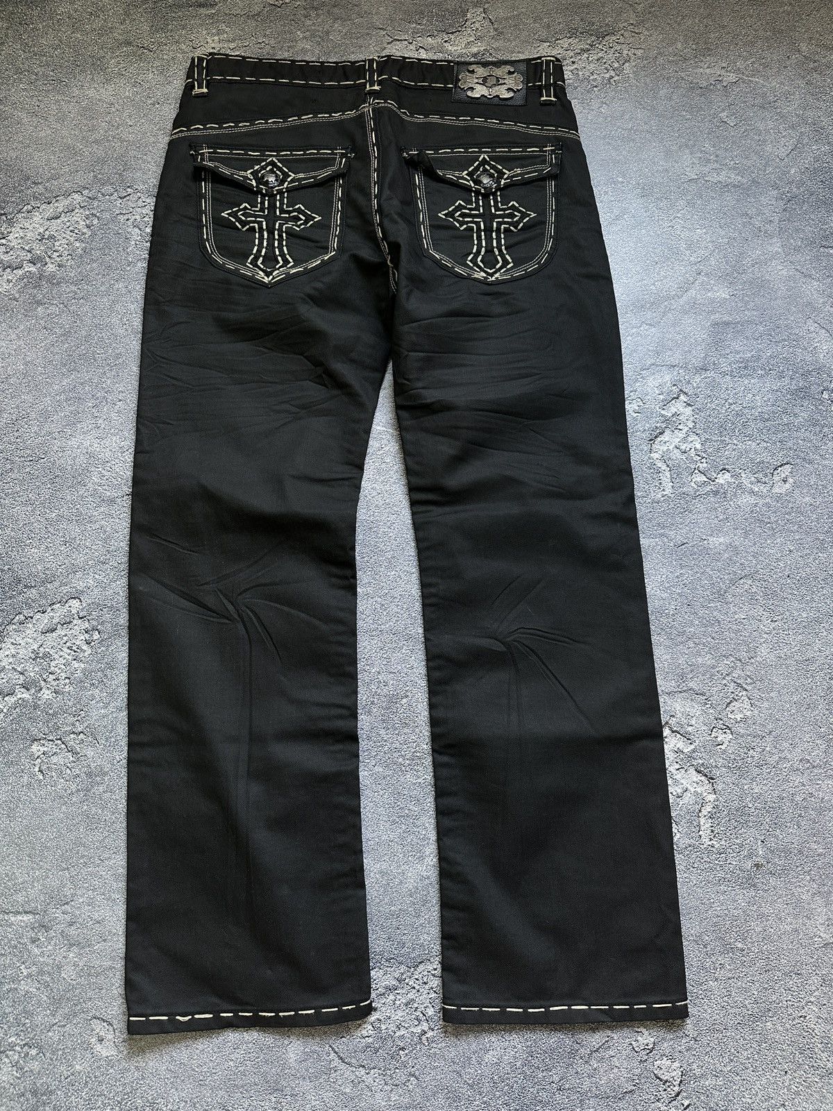 Vintage Vintage Waxed Contrast Stitch Cross Punk Denim Pants 36x32 Size US 36 / EU 52 - 1 Thumbnail