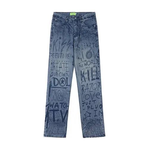 Japanese Brand Buggy jeans for men and women with graffiti print y2k Size US 34 / EU 50 - 1 Thumbnail