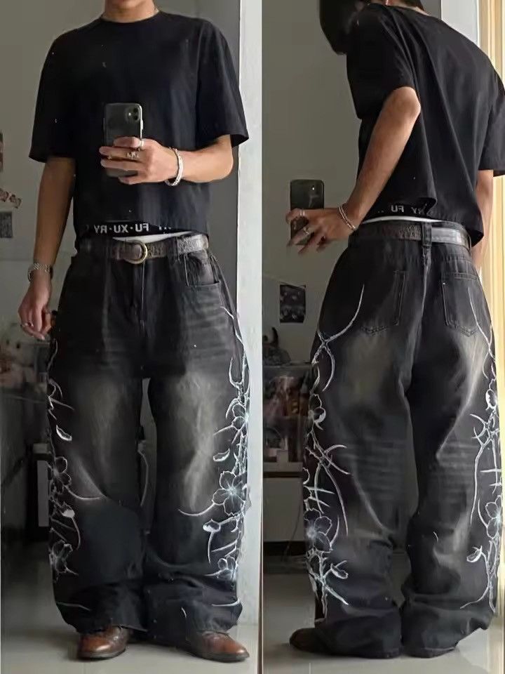 Jean printing flowers baggy jeans y2K harajuku trend Size US 31 - 6 Thumbnail