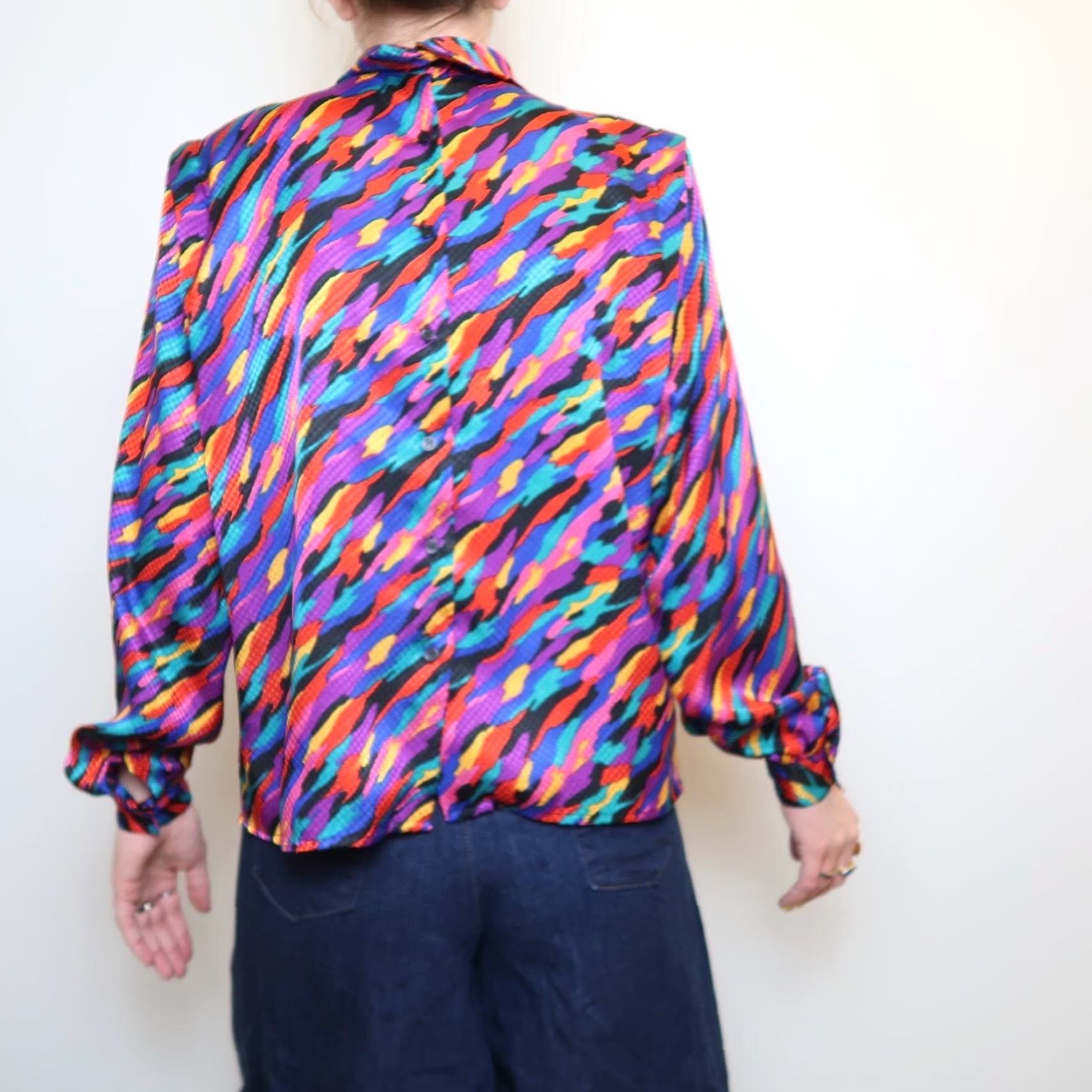 Rainbow VINTAGE Notches Shirt Purple Satin Abstract Print Rainbow 80s 90s Long Sleeve Shoulder Pads Back Buttons Roll Collar Size 13 Womens Size XL / US 12-14 / IT 48-50 - 3 Thumbnail
