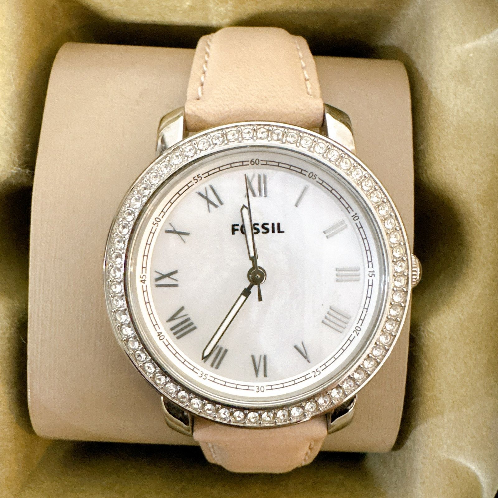fossil ladies dress watch Blingy Ladies Fossil Golden Crystal Accented Bezel Date Dress Watch ES-2787