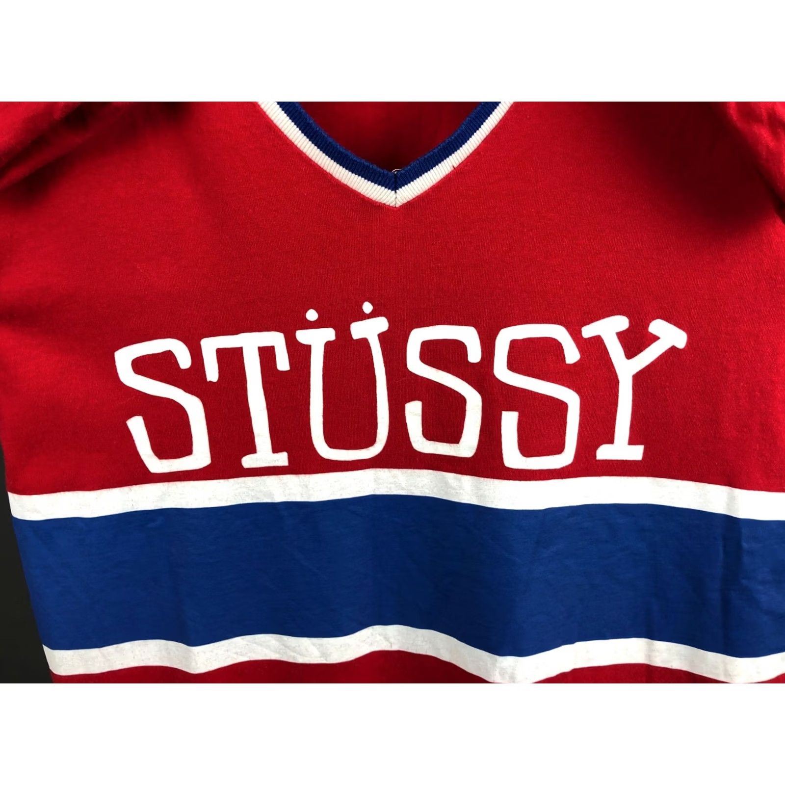 Vintage Stussy Men's T-Shirt S Red Cotton Striped 3/4 Sleeve Long Tee Shirt Jersey Logo Printed Size US S / EU 44-46 / 1 - 6 Thumbnail