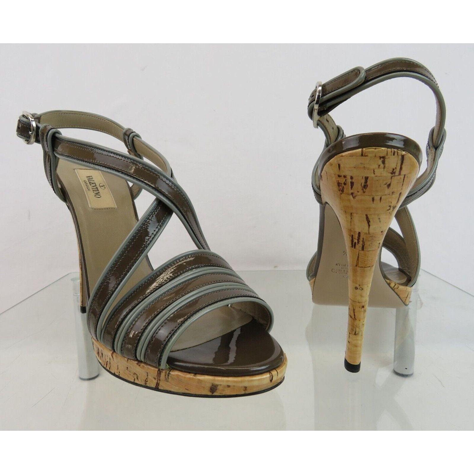 Valentino TAUPE GRAY STRAPPY PATENT LEATHER CORK SANDALS PUMPS 39.5 Size US 9.5 / IT 39.5 - 4 Thumbnail